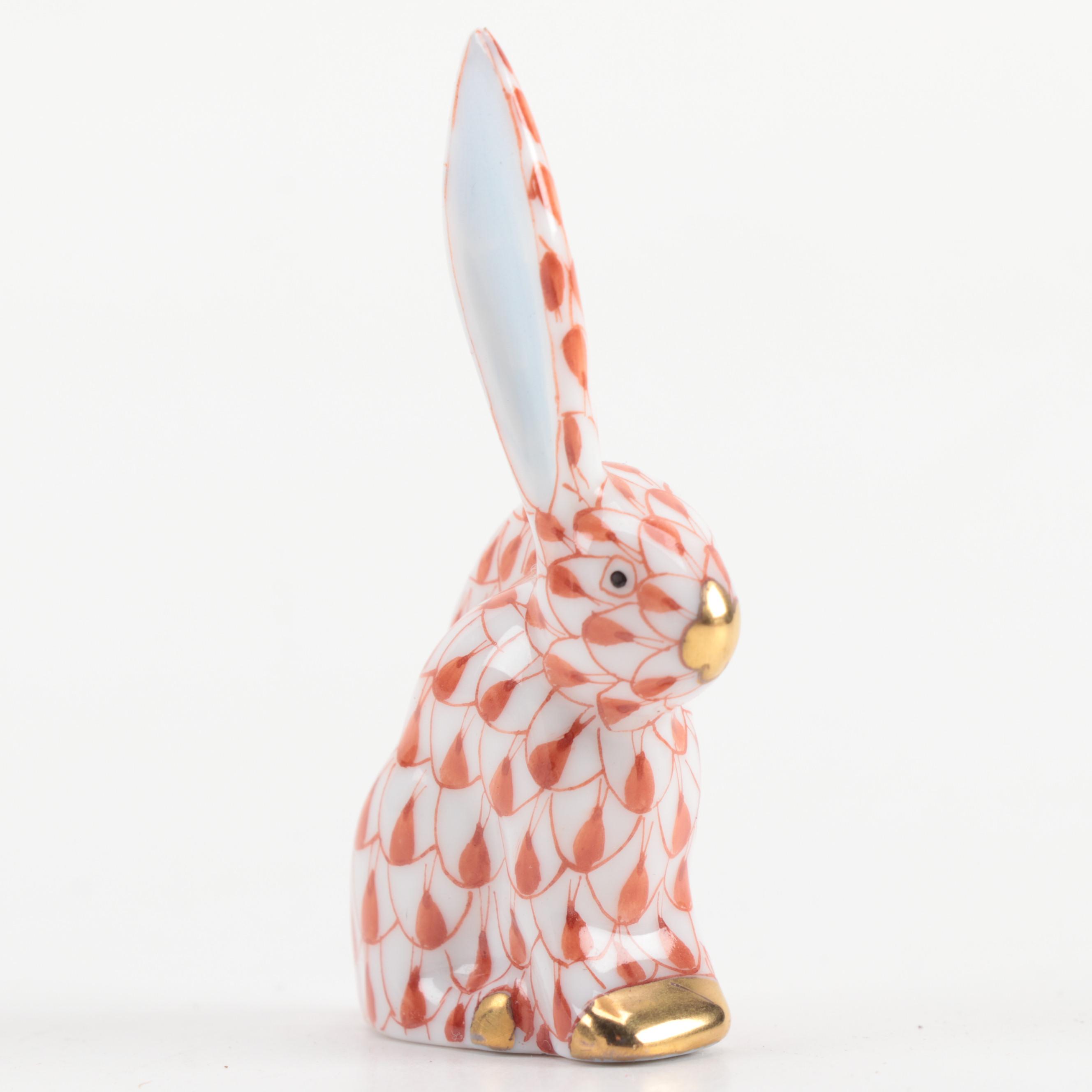 Herend Rust Fishnet "Miniature Rabbit with One Ear Up" Porcelain Figurine