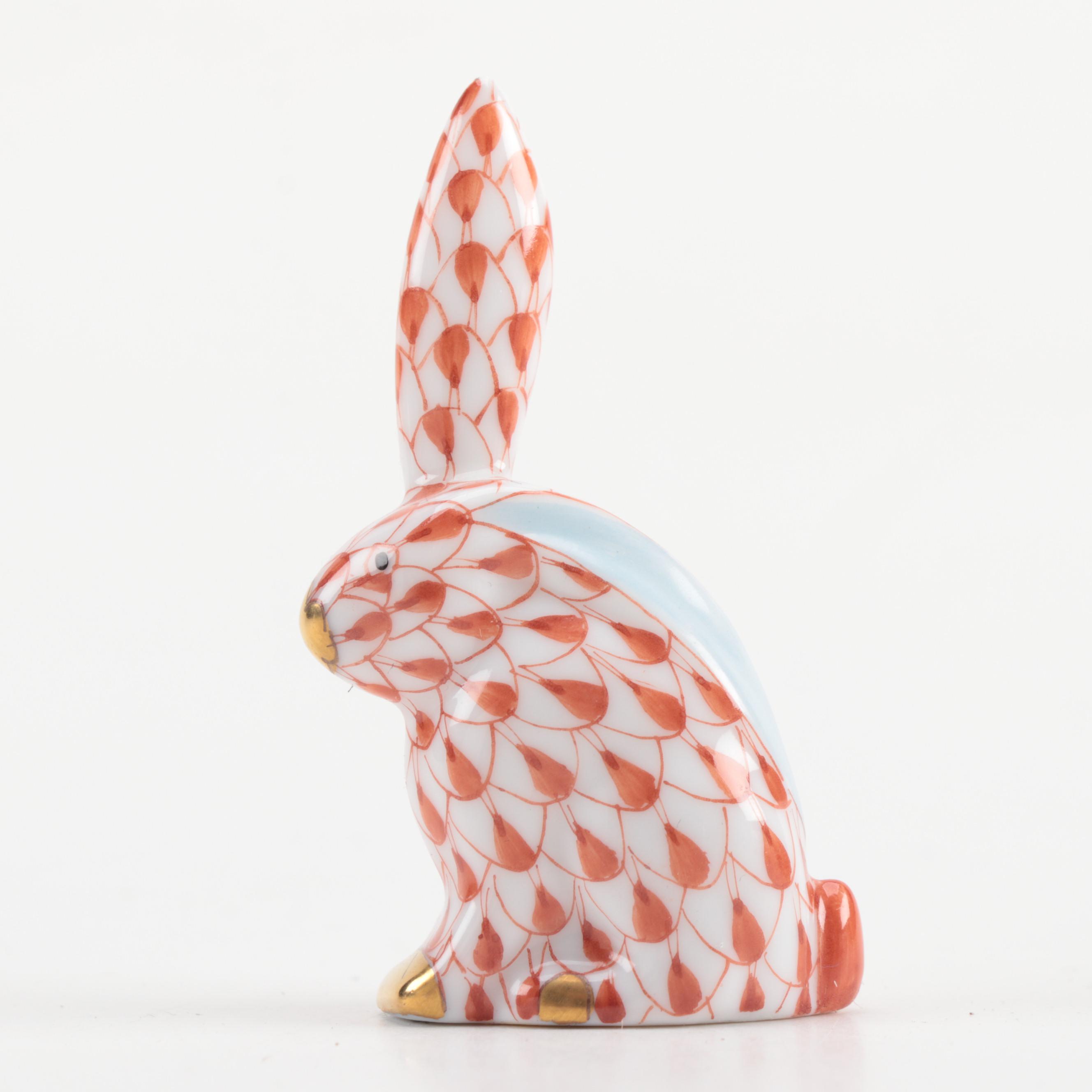 Herend Rust Fishnet "Miniature Rabbit with One Ear Up" Porcelain Figurine