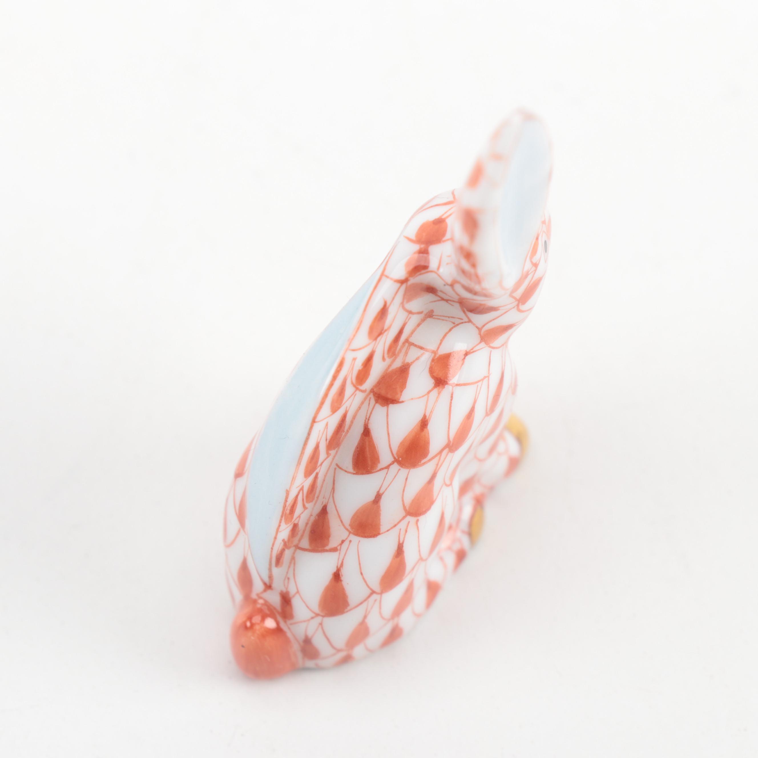 Herend Rust Fishnet "Miniature Rabbit with One Ear Up" Porcelain Figurine