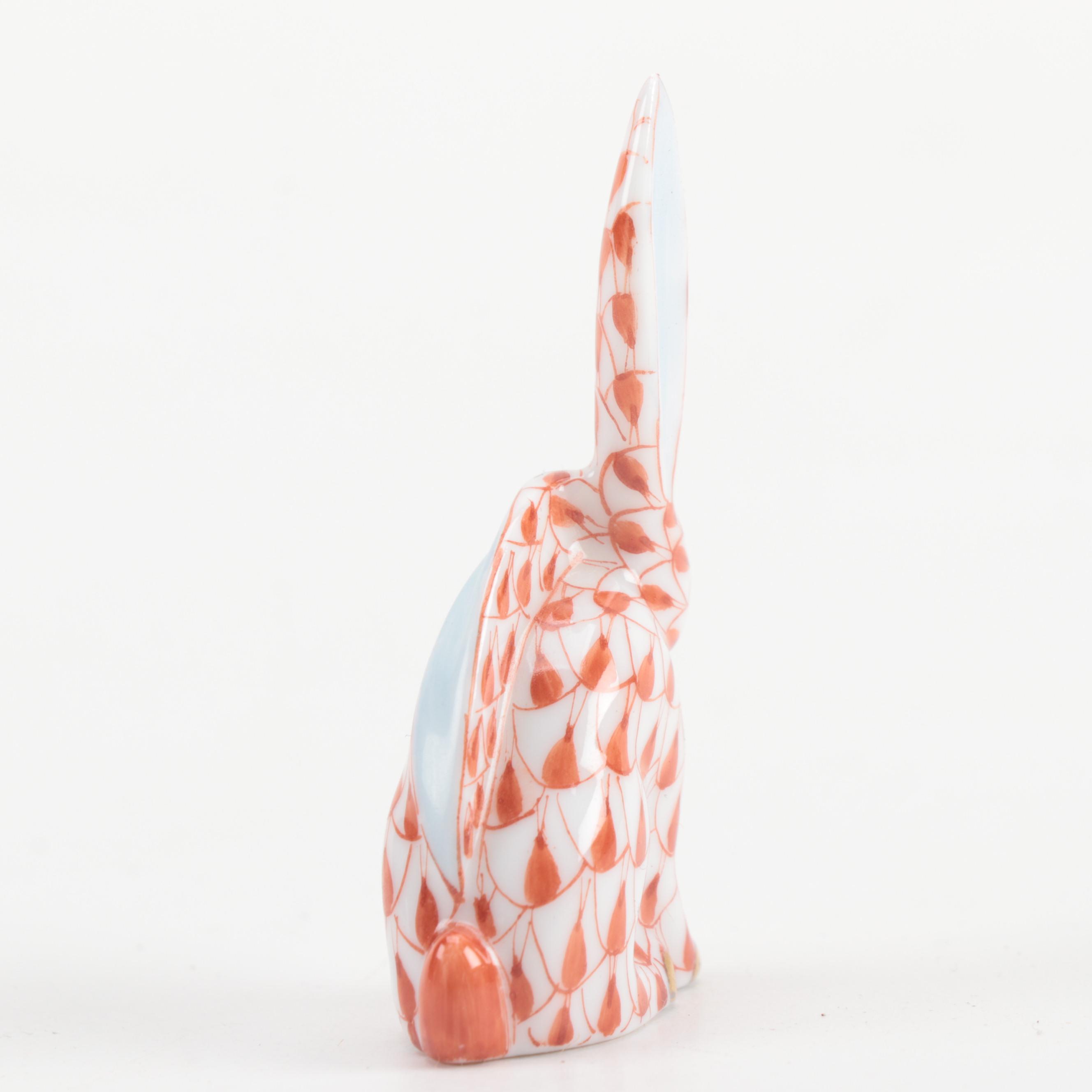 Herend Rust Fishnet "Miniature Rabbit with One Ear Up" Porcelain Figurine