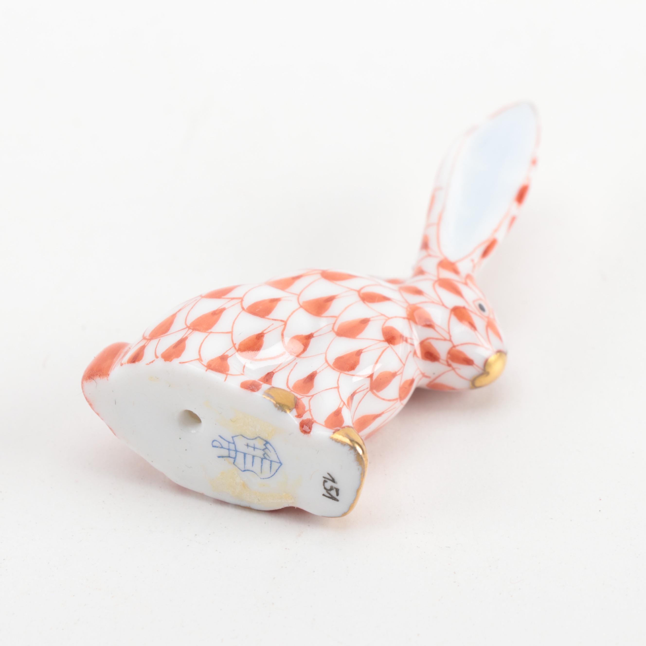 Herend Rust Fishnet "Miniature Rabbit with One Ear Up" Porcelain Figurine