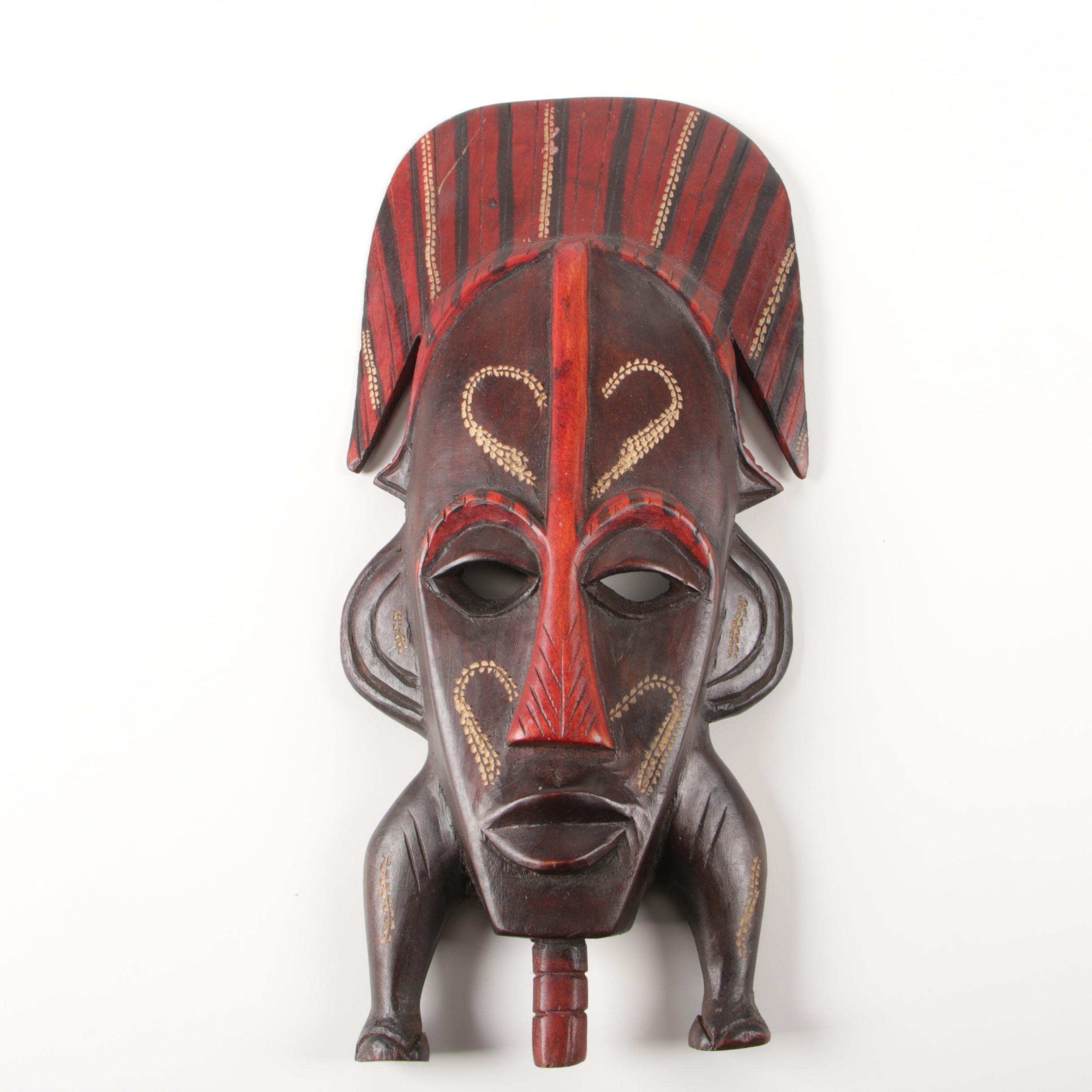 African Carved Wood Polychrome Mask with Gazelle Sculpture