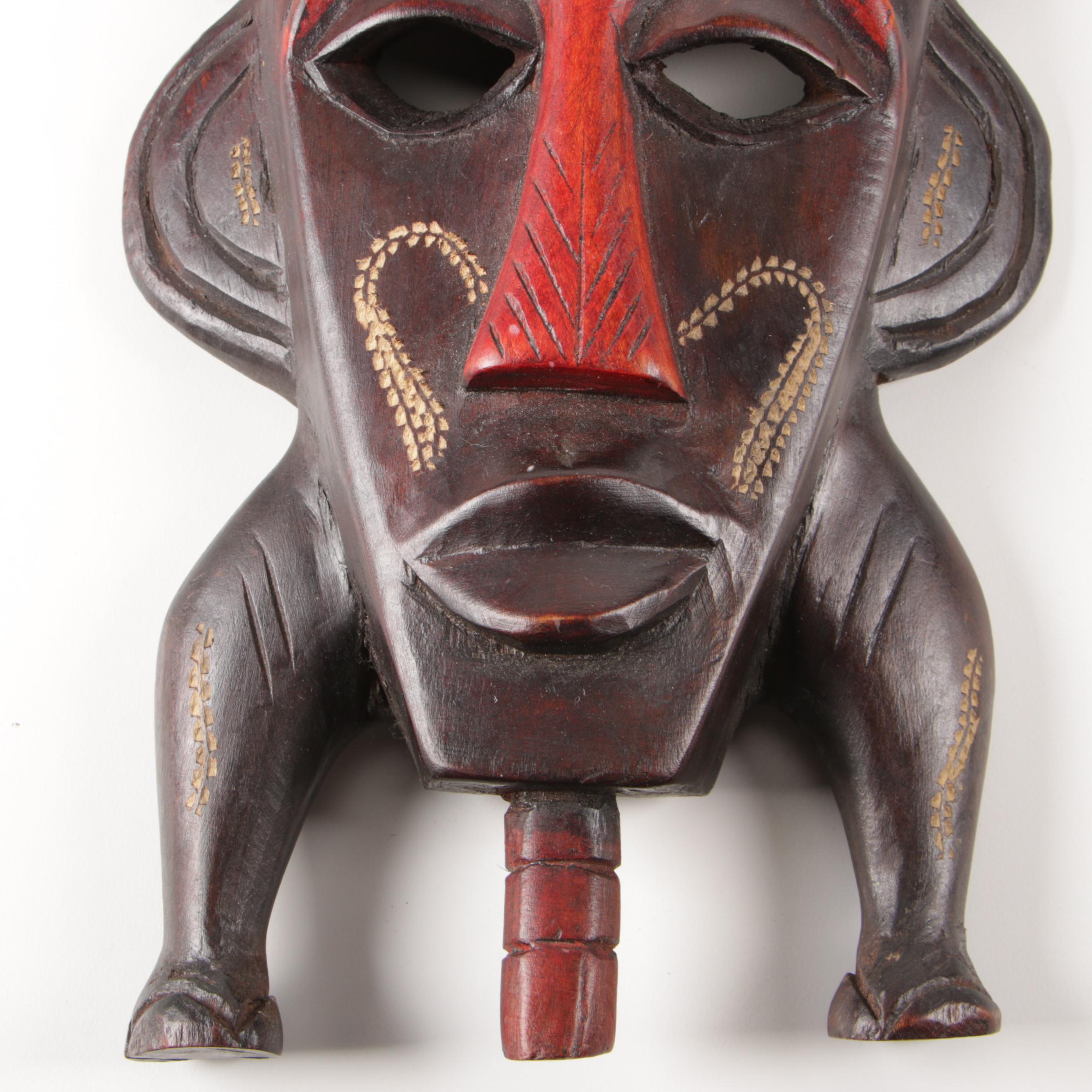 African Carved Wood Polychrome Mask with Gazelle Sculpture