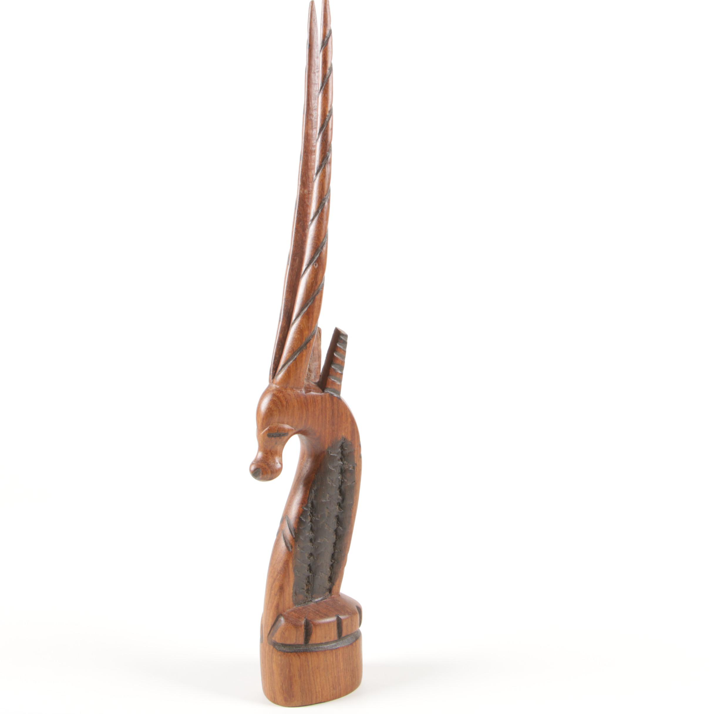 African Carved Wood Polychrome Mask with Gazelle Sculpture