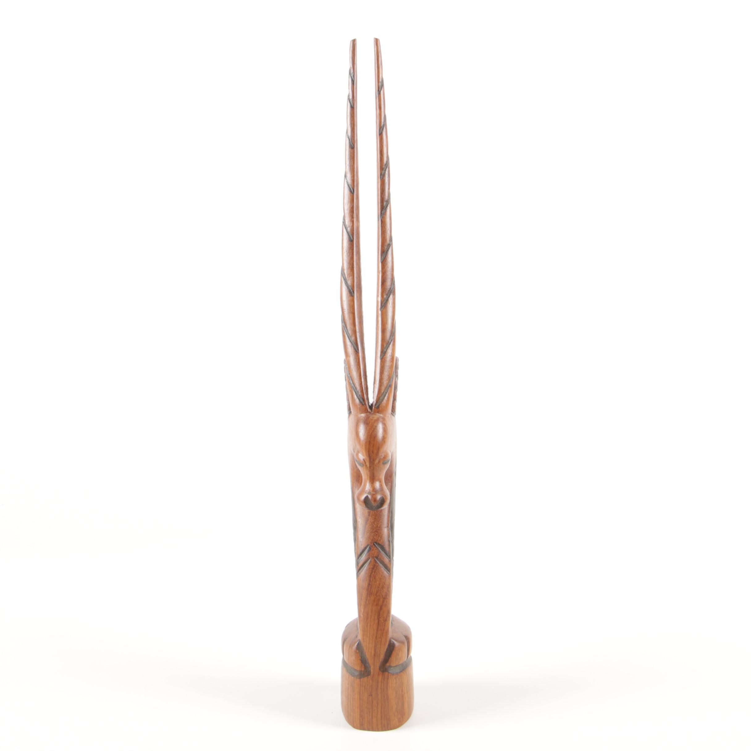 African Carved Wood Polychrome Mask with Gazelle Sculpture