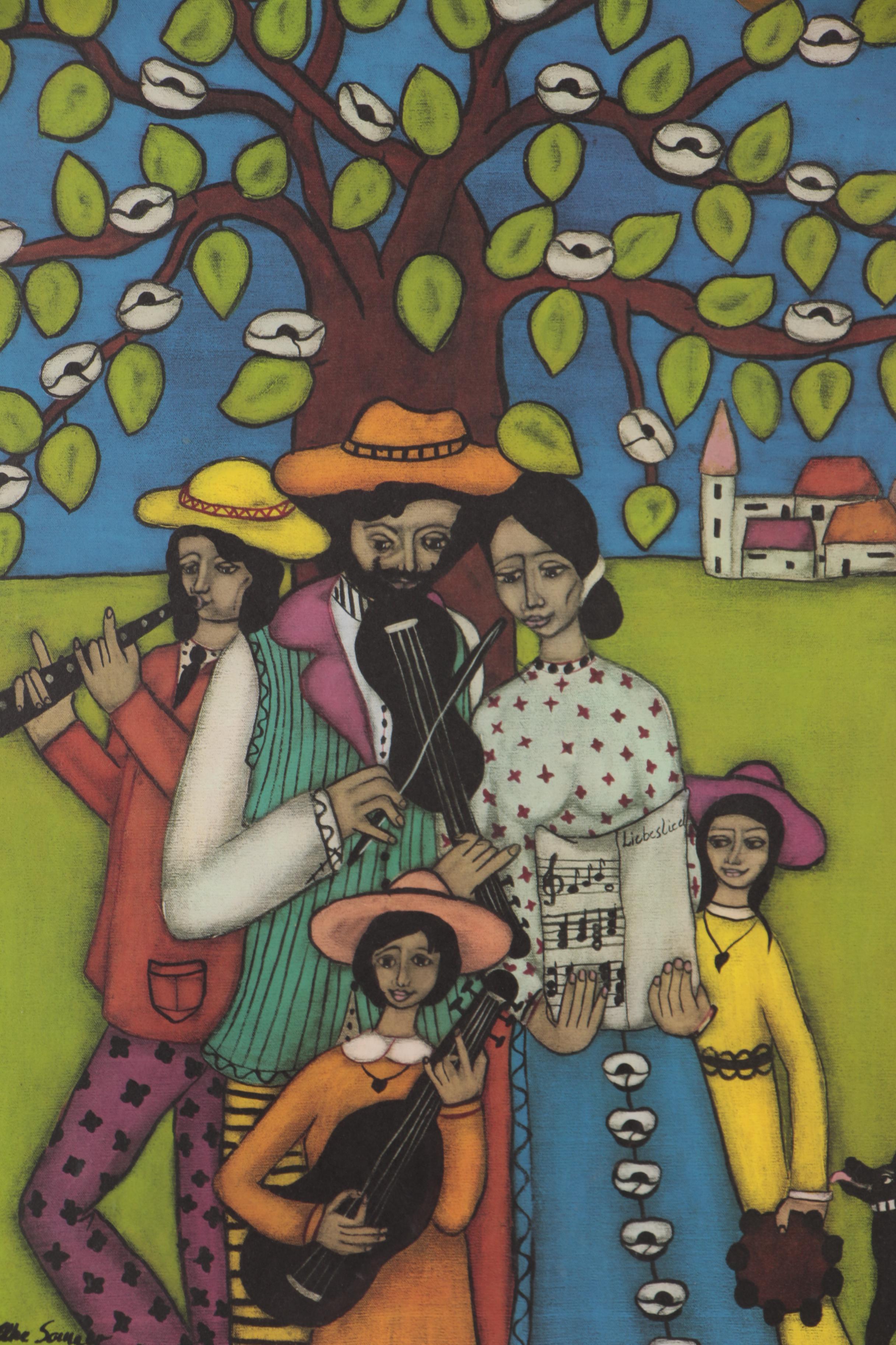 Elke Sommer Lithograph of Musicians in Landscape