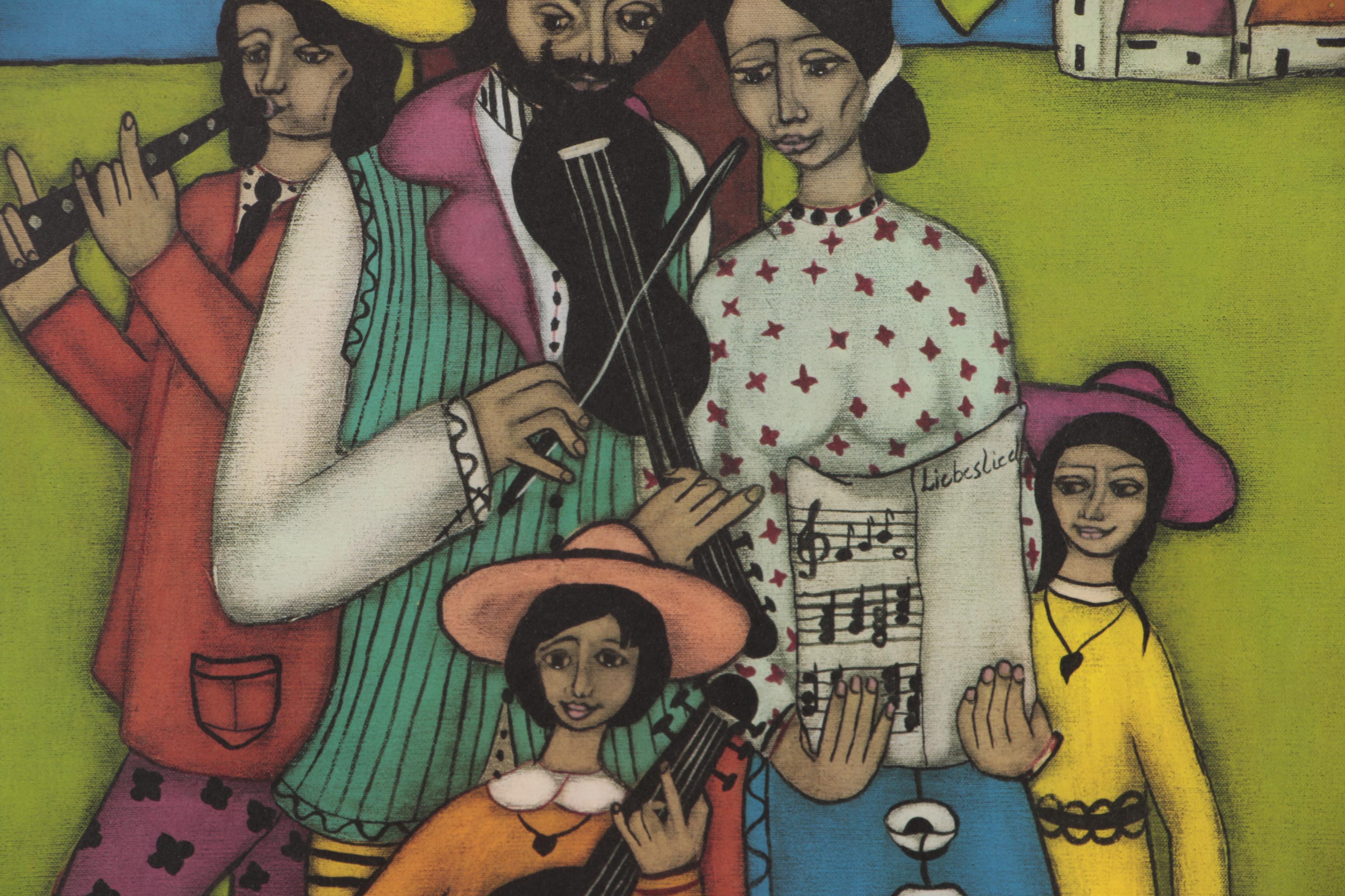 Elke Sommer Lithograph of Musicians in Landscape