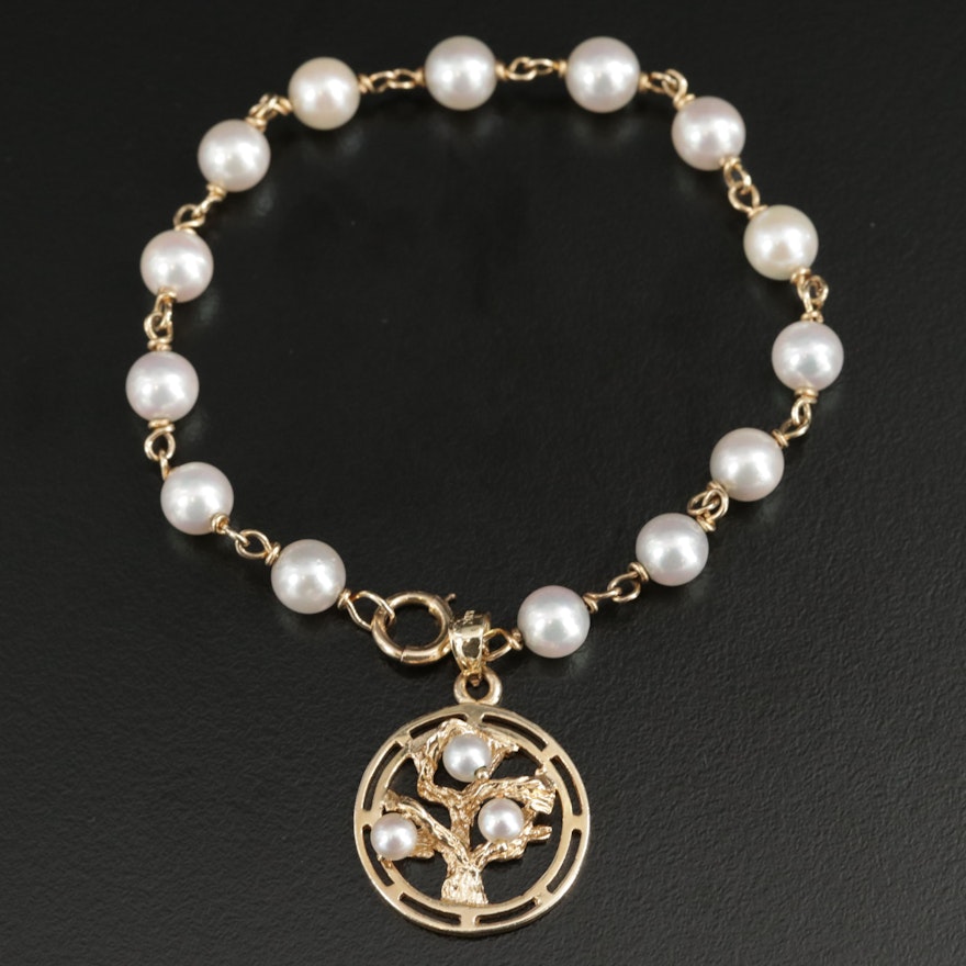 14K Yellow Gold Cultured Pearl Bracelet with Tree Motif Charm