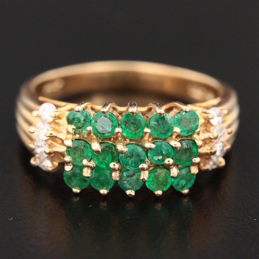 14K Yellow Gold Emerald and Diamond Multi-Row Ring