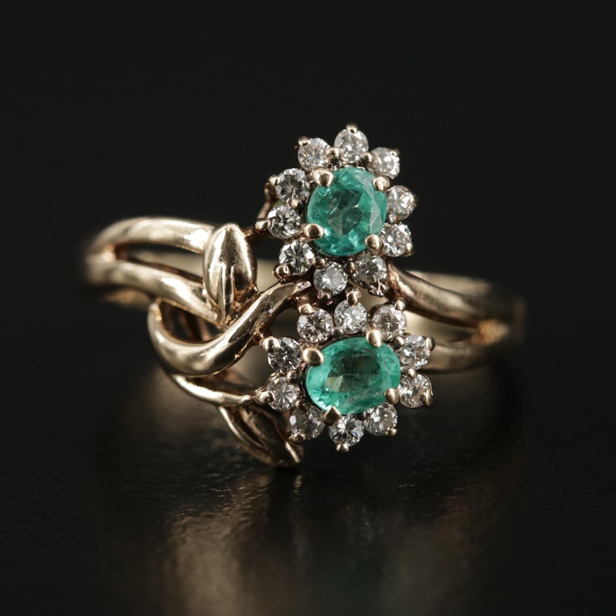 14K Yellow Gold Emerald and Diamond Floral Motif Ring