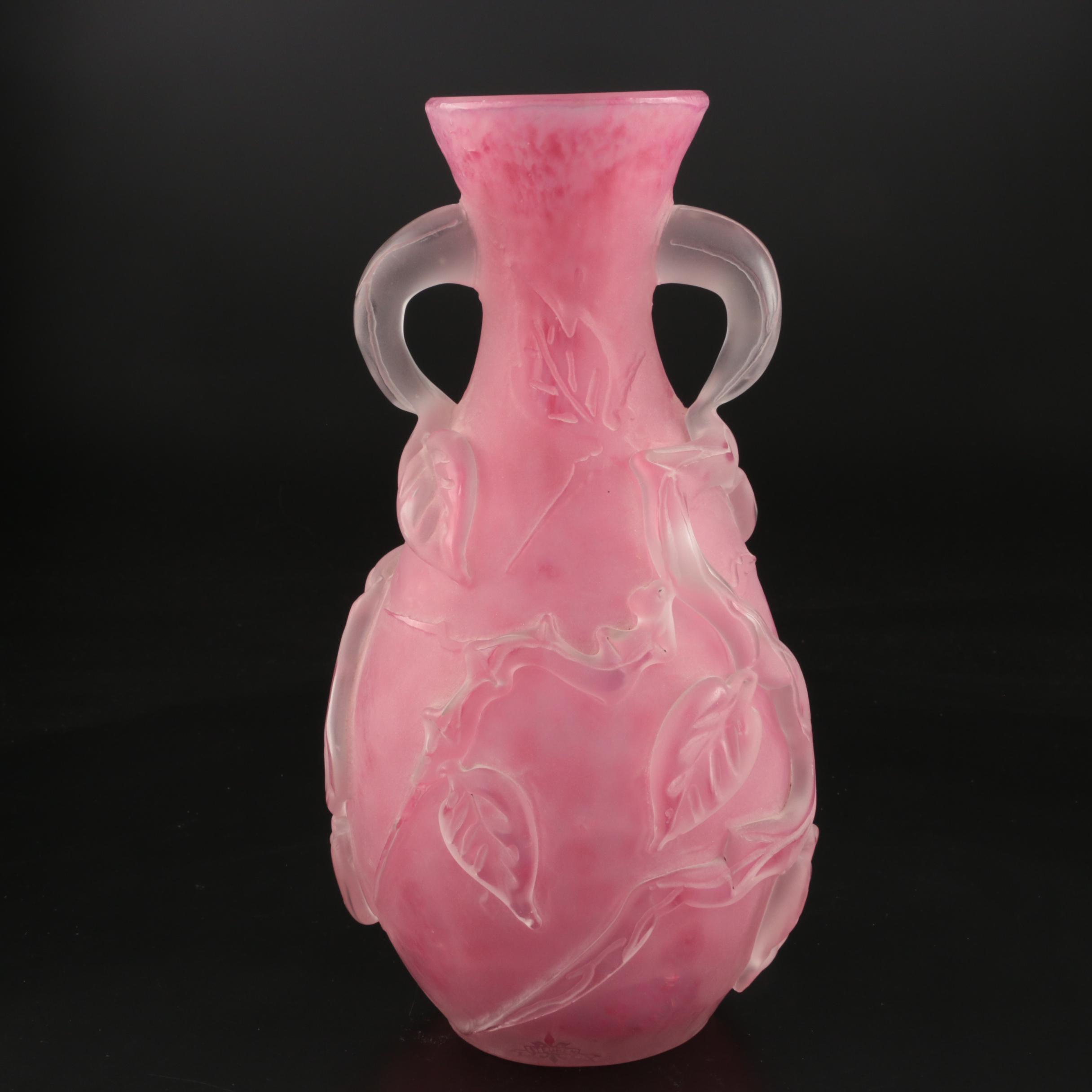 Scarce Steuben Rose Quartz Sculptured Art Glass Vase with Flowers, 1903–1933
