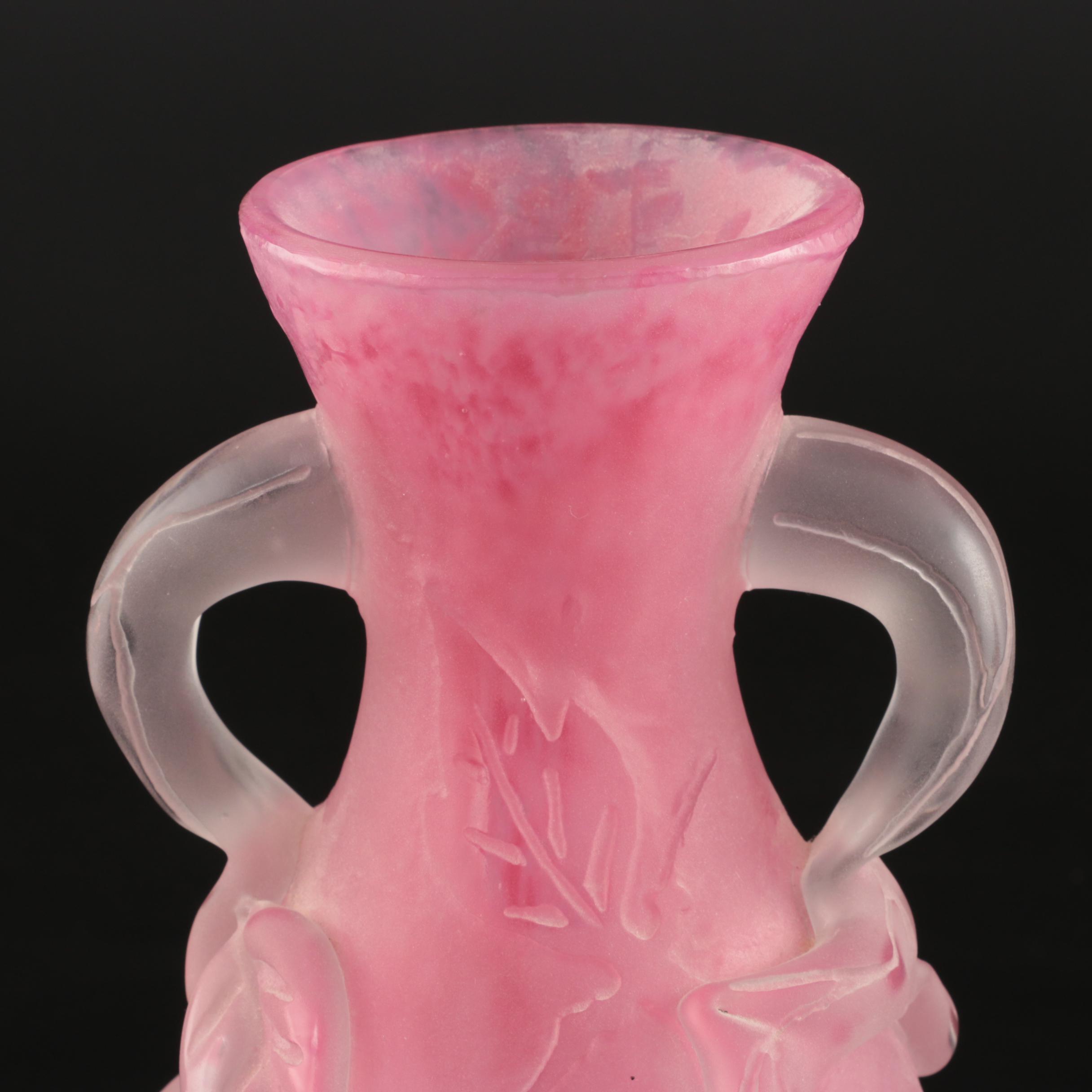 Scarce Steuben Rose Quartz Sculptured Art Glass Vase with Flowers, 1903–1933