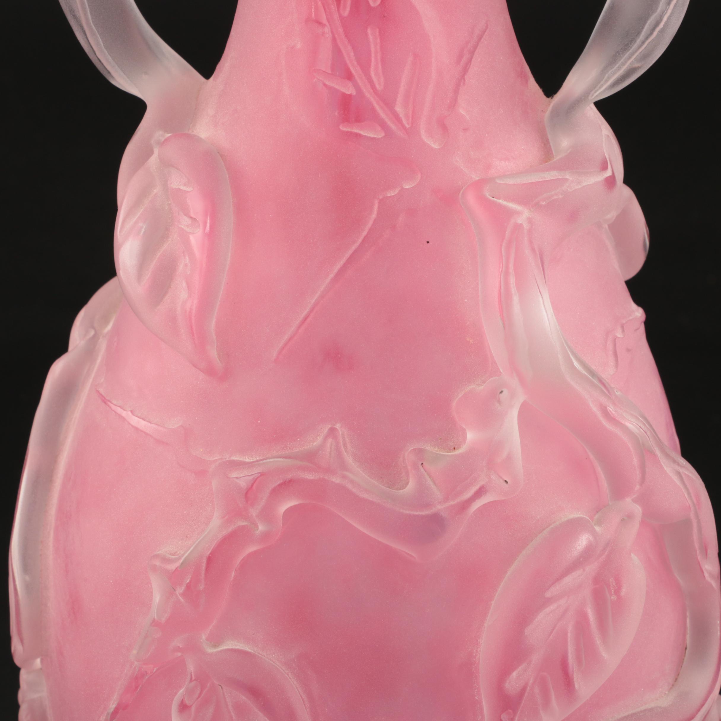 Scarce Steuben Rose Quartz Sculptured Art Glass Vase with Flowers, 1903–1933