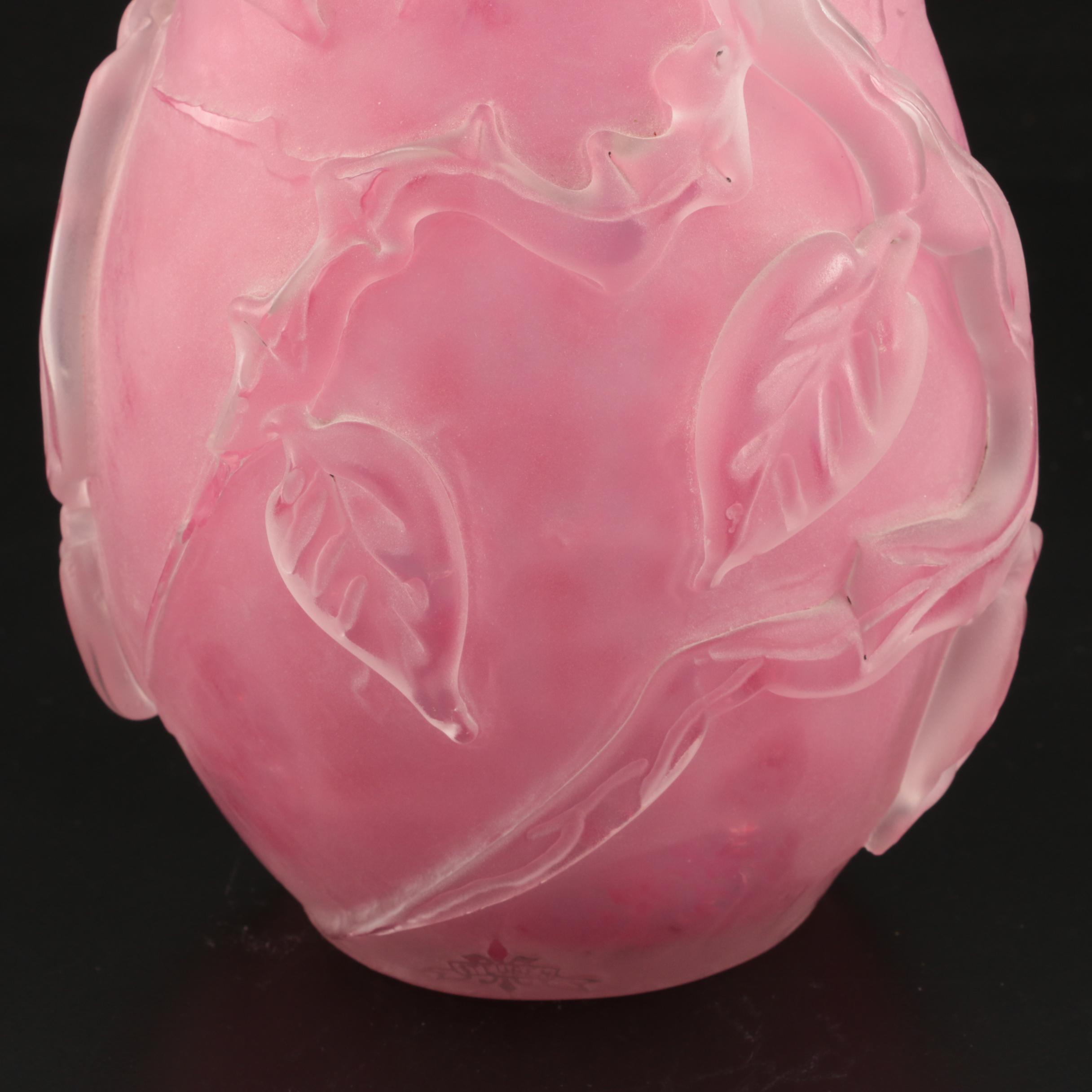 Scarce Steuben Rose Quartz Sculptured Art Glass Vase with Flowers, 1903–1933