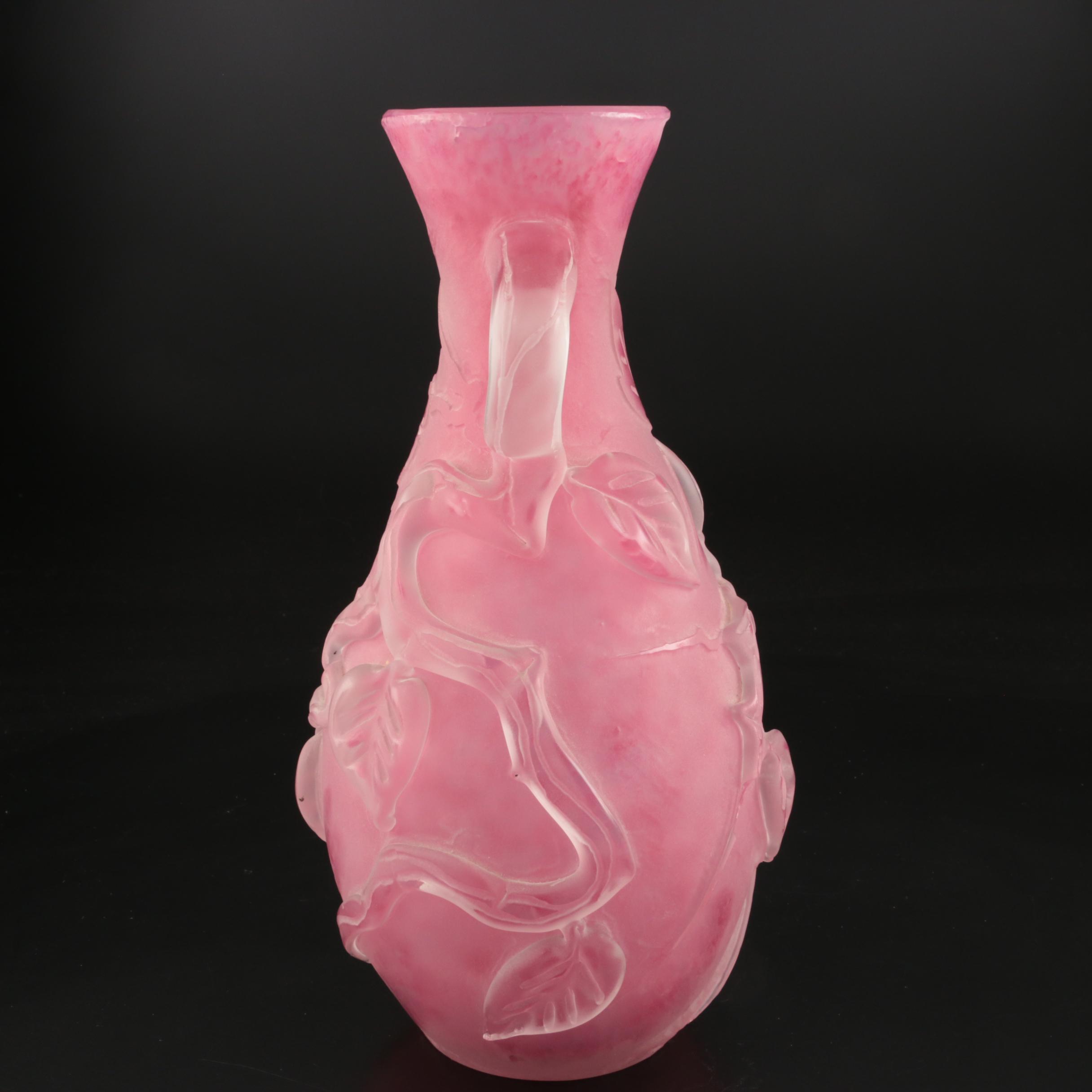 Scarce Steuben Rose Quartz Sculptured Art Glass Vase with Flowers, 1903–1933