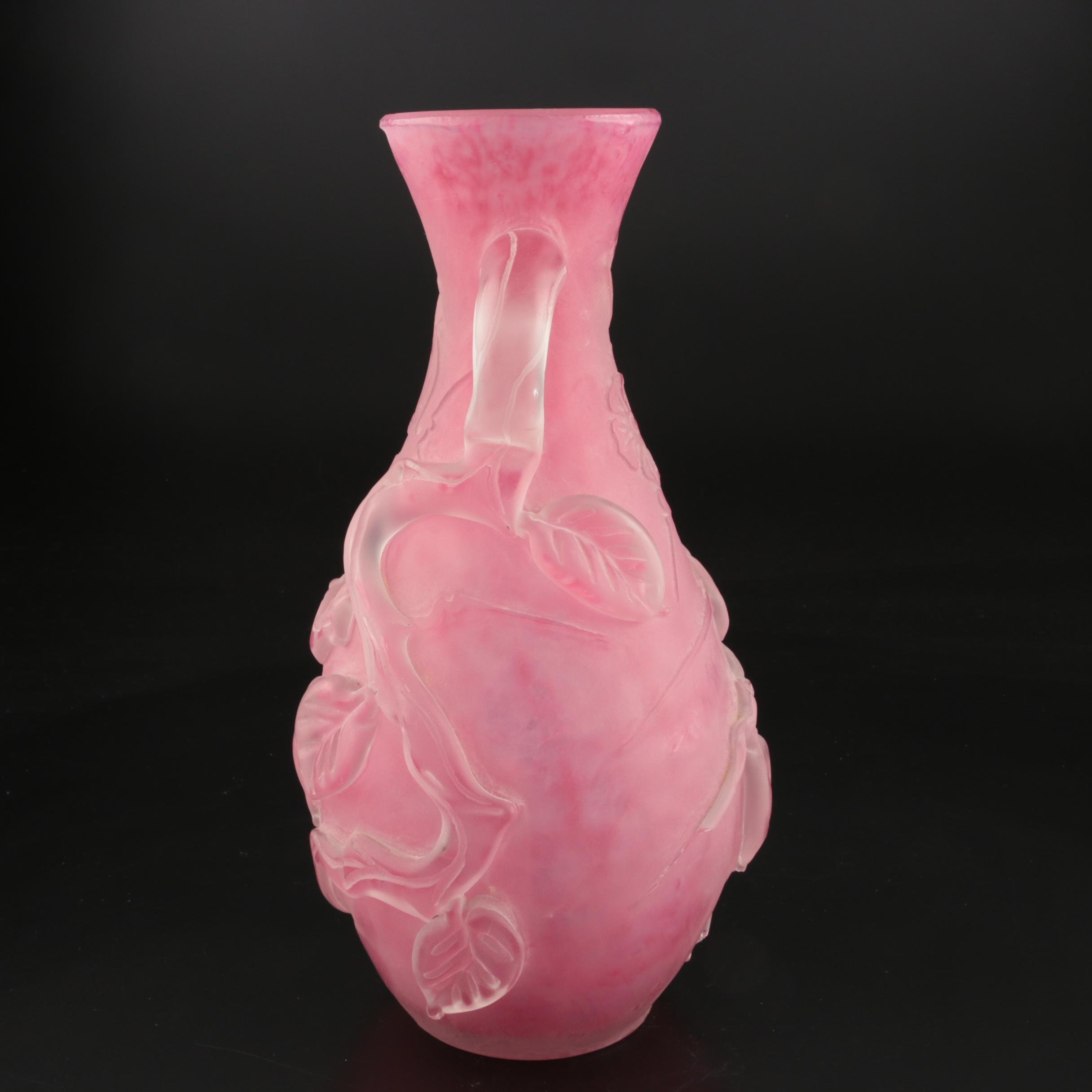 Scarce Steuben Rose Quartz Sculptured Art Glass Vase with Flowers, 1903–1933