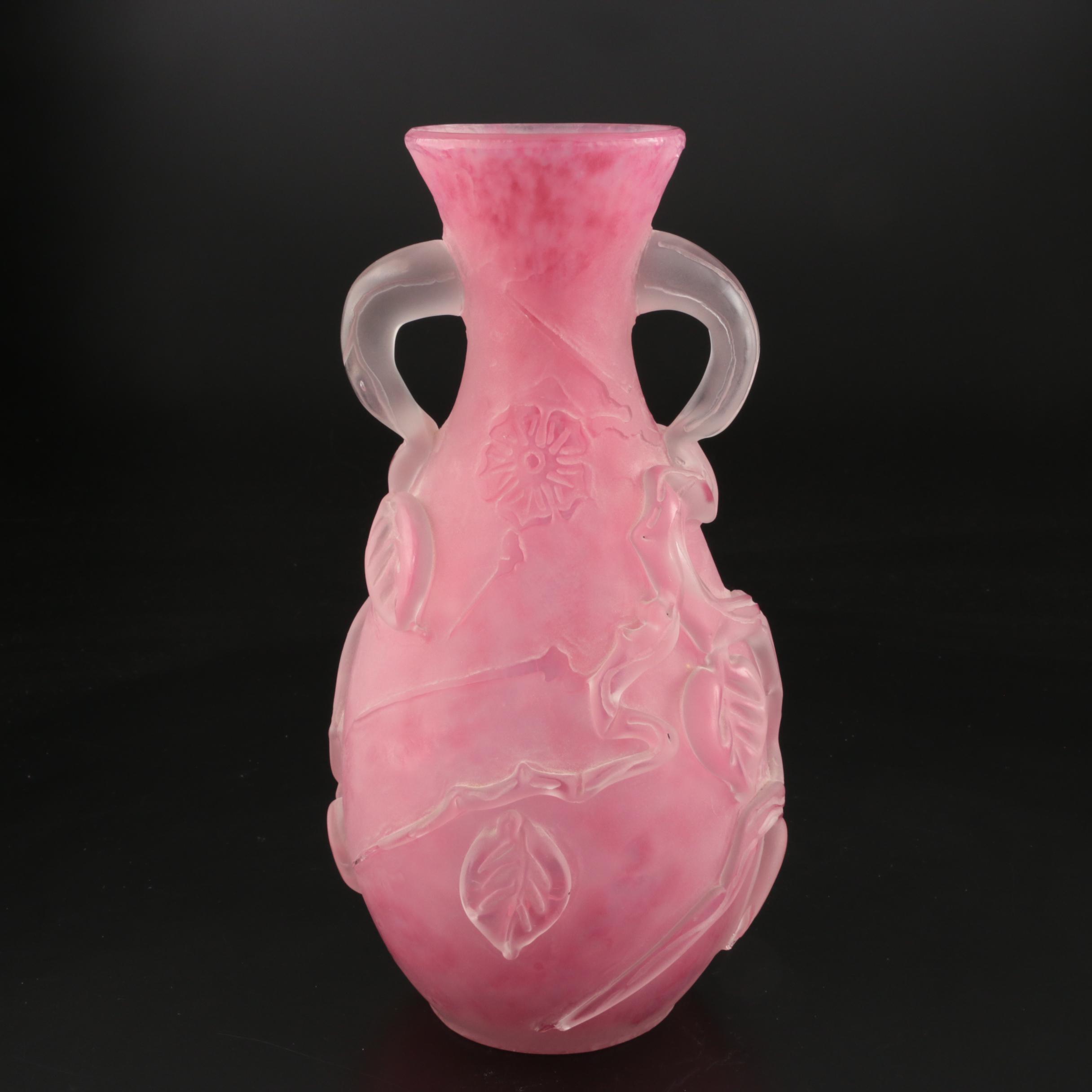 Scarce Steuben Rose Quartz Sculptured Art Glass Vase with Flowers, 1903–1933