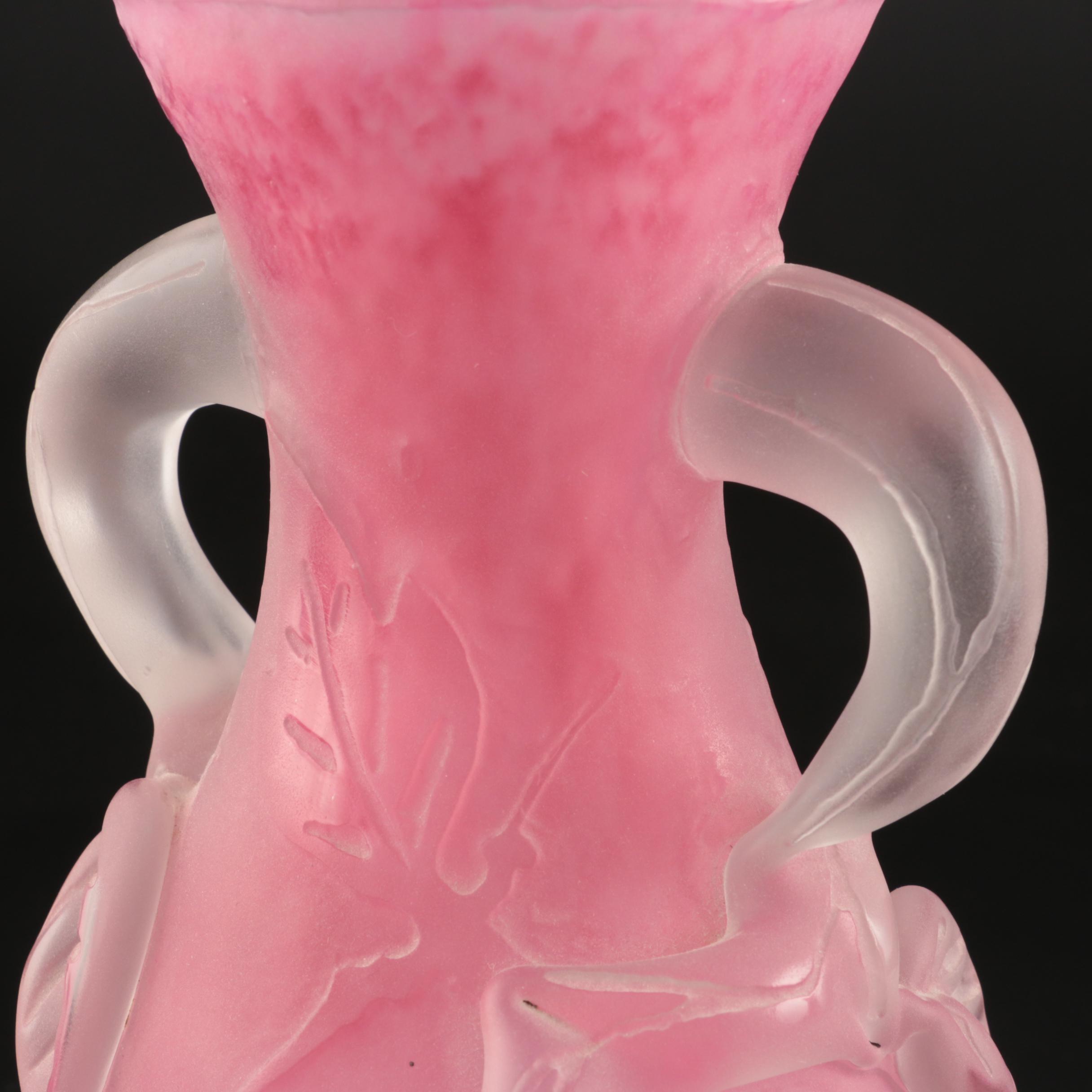Scarce Steuben Rose Quartz Sculptured Art Glass Vase with Flowers, 1903–1933