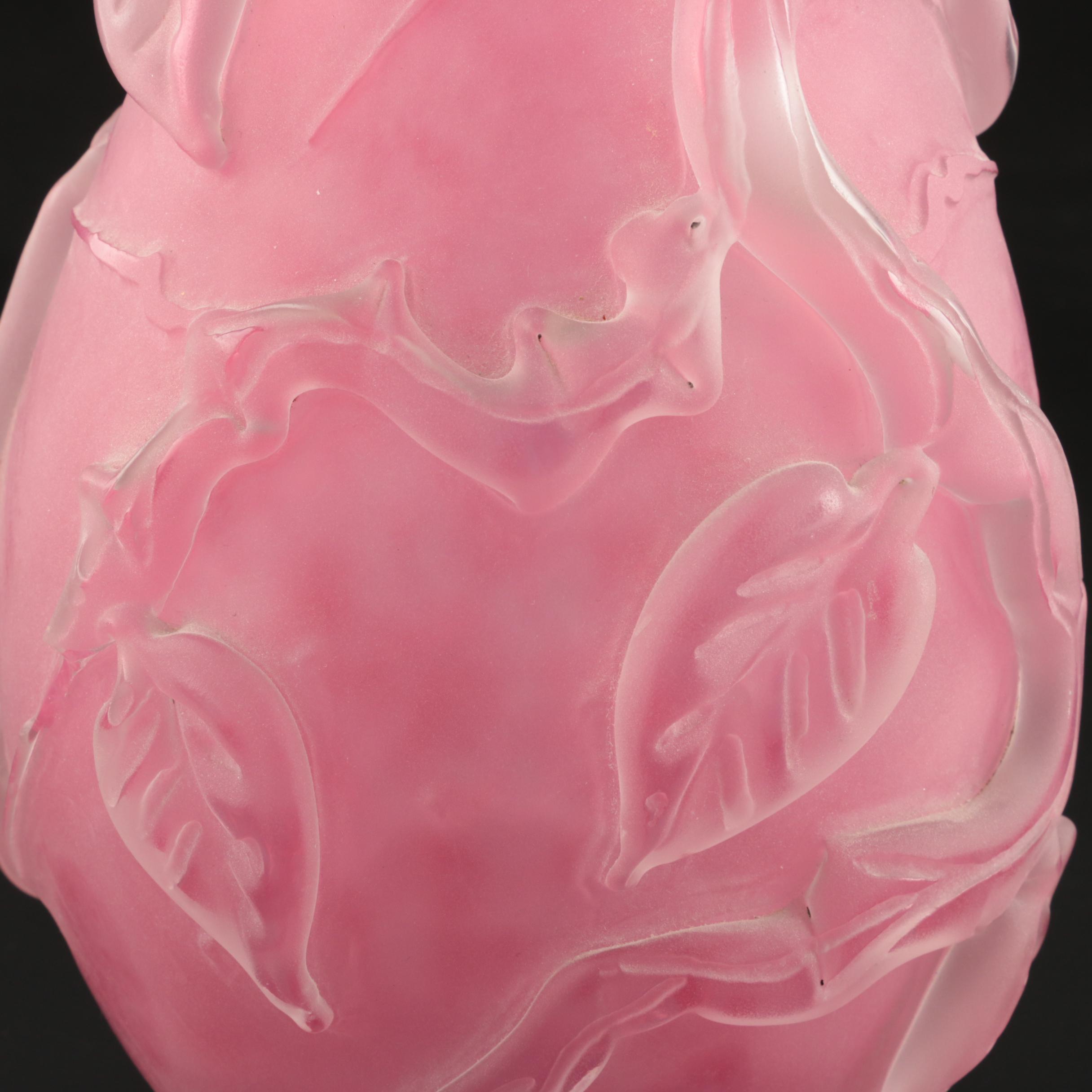 Scarce Steuben Rose Quartz Sculptured Art Glass Vase with Flowers, 1903–1933