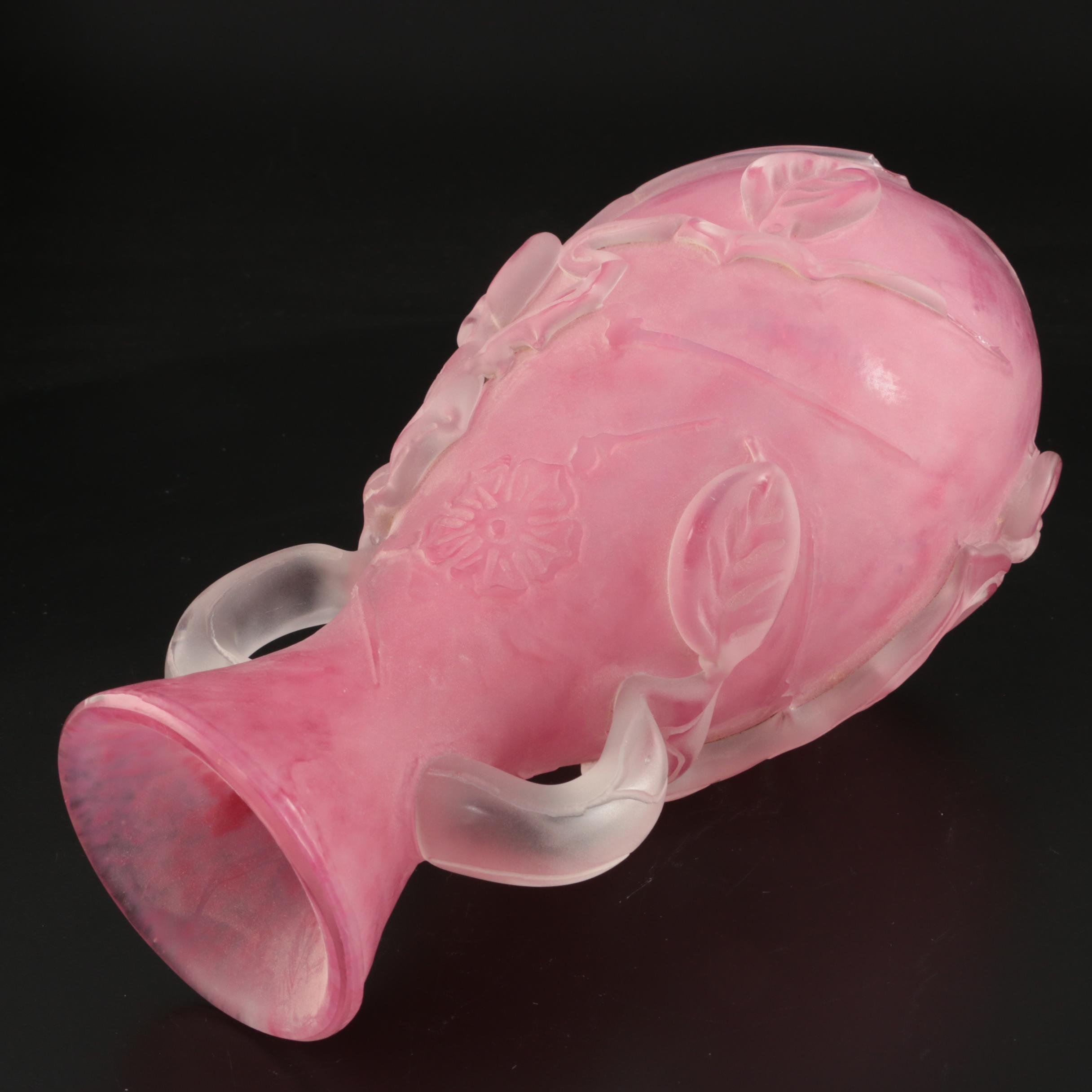 Scarce Steuben Rose Quartz Sculptured Art Glass Vase with Flowers, 1903–1933