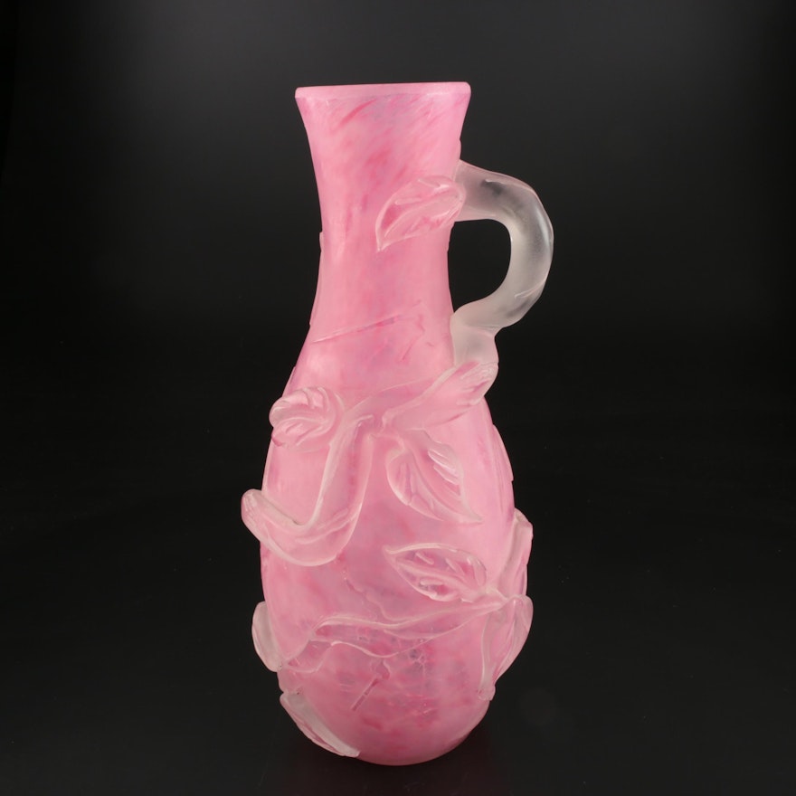 Scarce Steuben Rose Quartz Sculptured Art Glass Vase with Flowers, 1903–1933