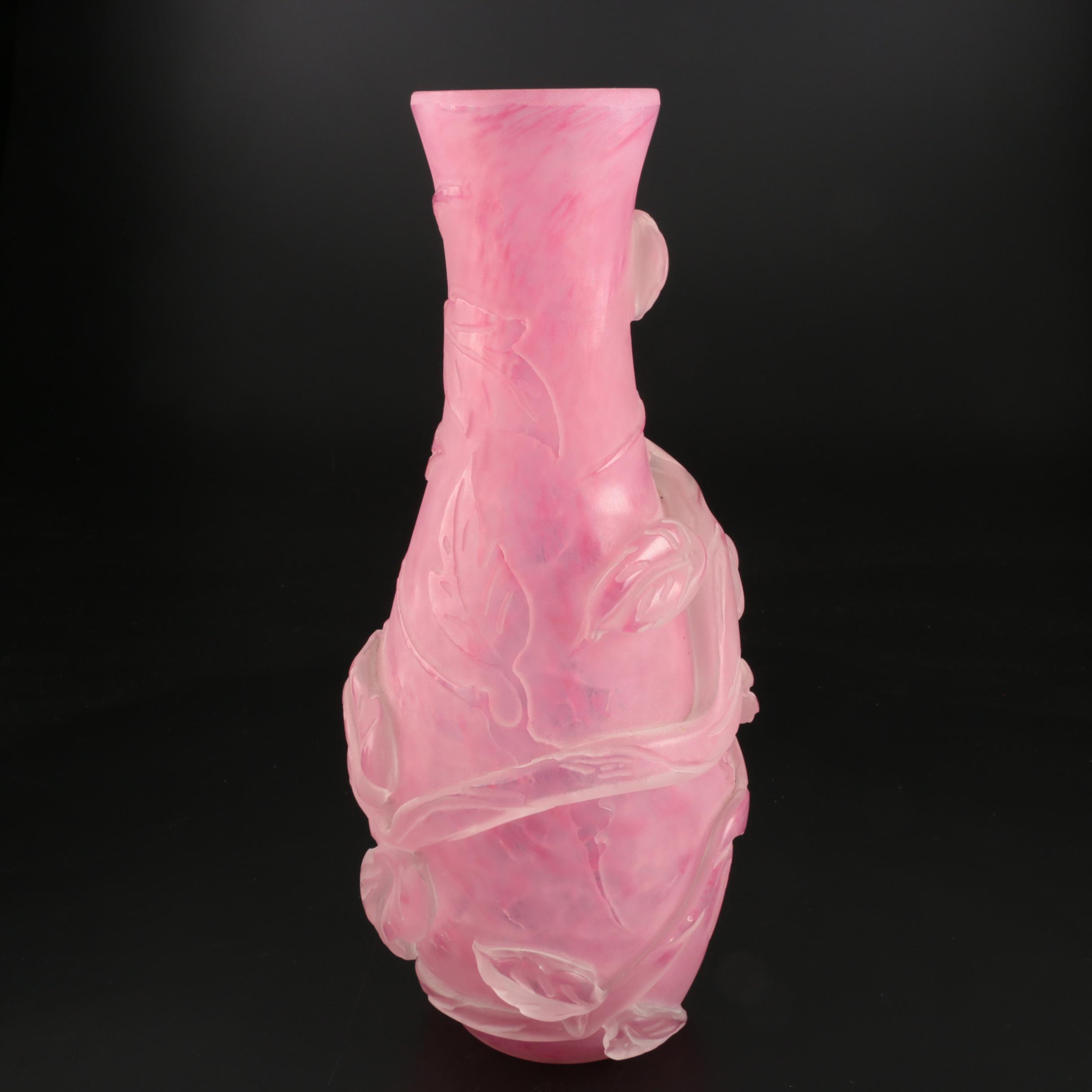 Scarce Steuben Rose Quartz Sculptured Art Glass Vase with Flowers, 1903–1933