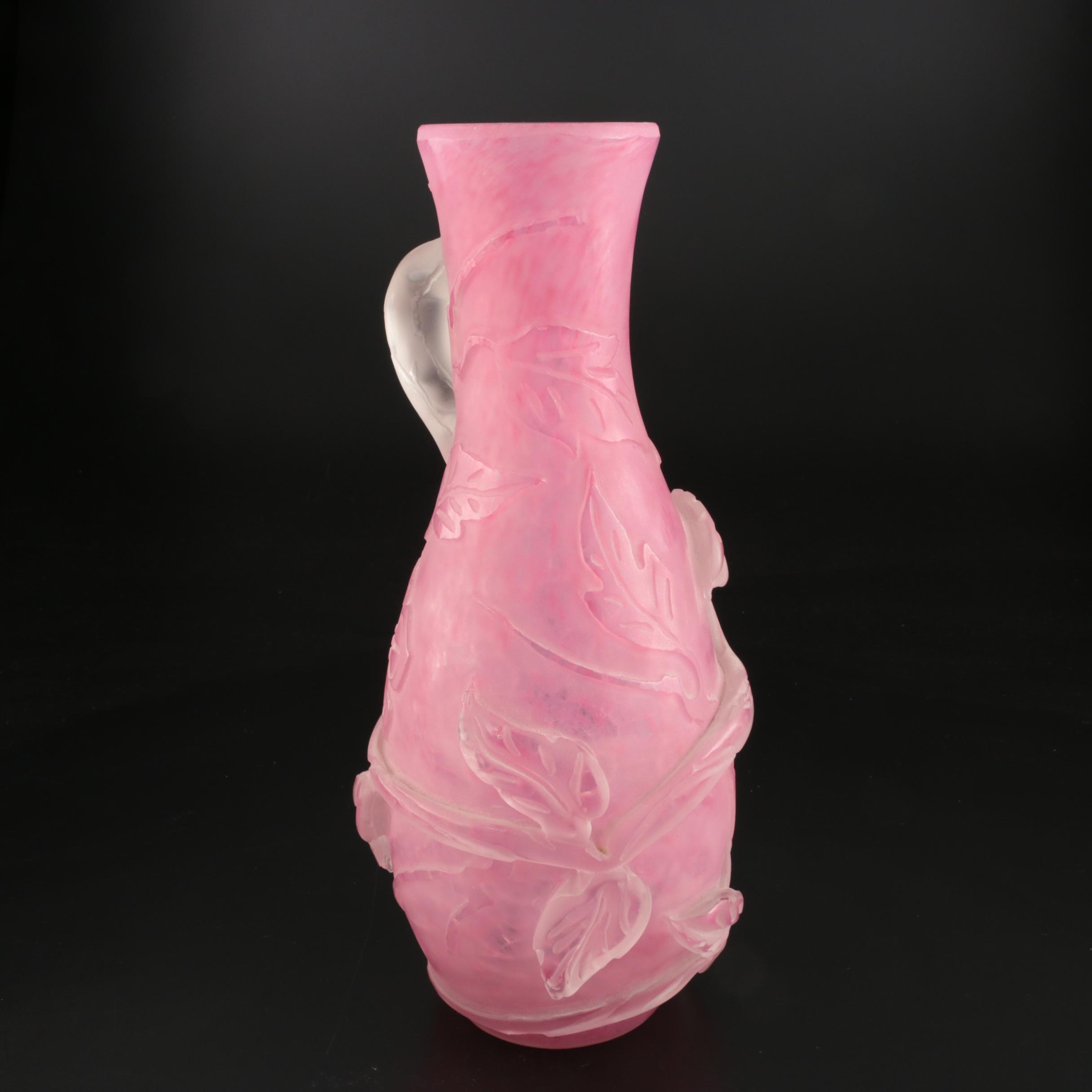 Scarce Steuben Rose Quartz Sculptured Art Glass Vase with Flowers, 1903–1933