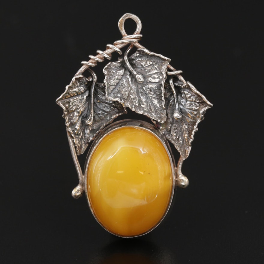 Vintage Gdansk Sterling Silver and Amber Pendant with Foliate Motif