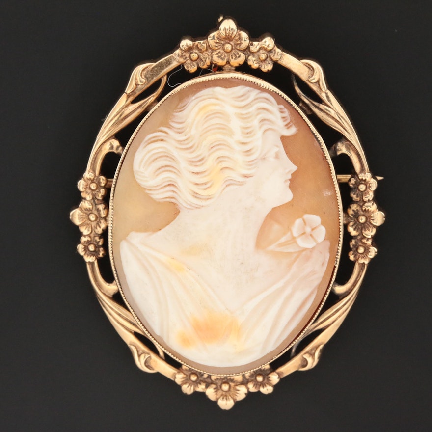 Vintage 14K Yellow Gold Carved Shell Cameo Converter Brooch