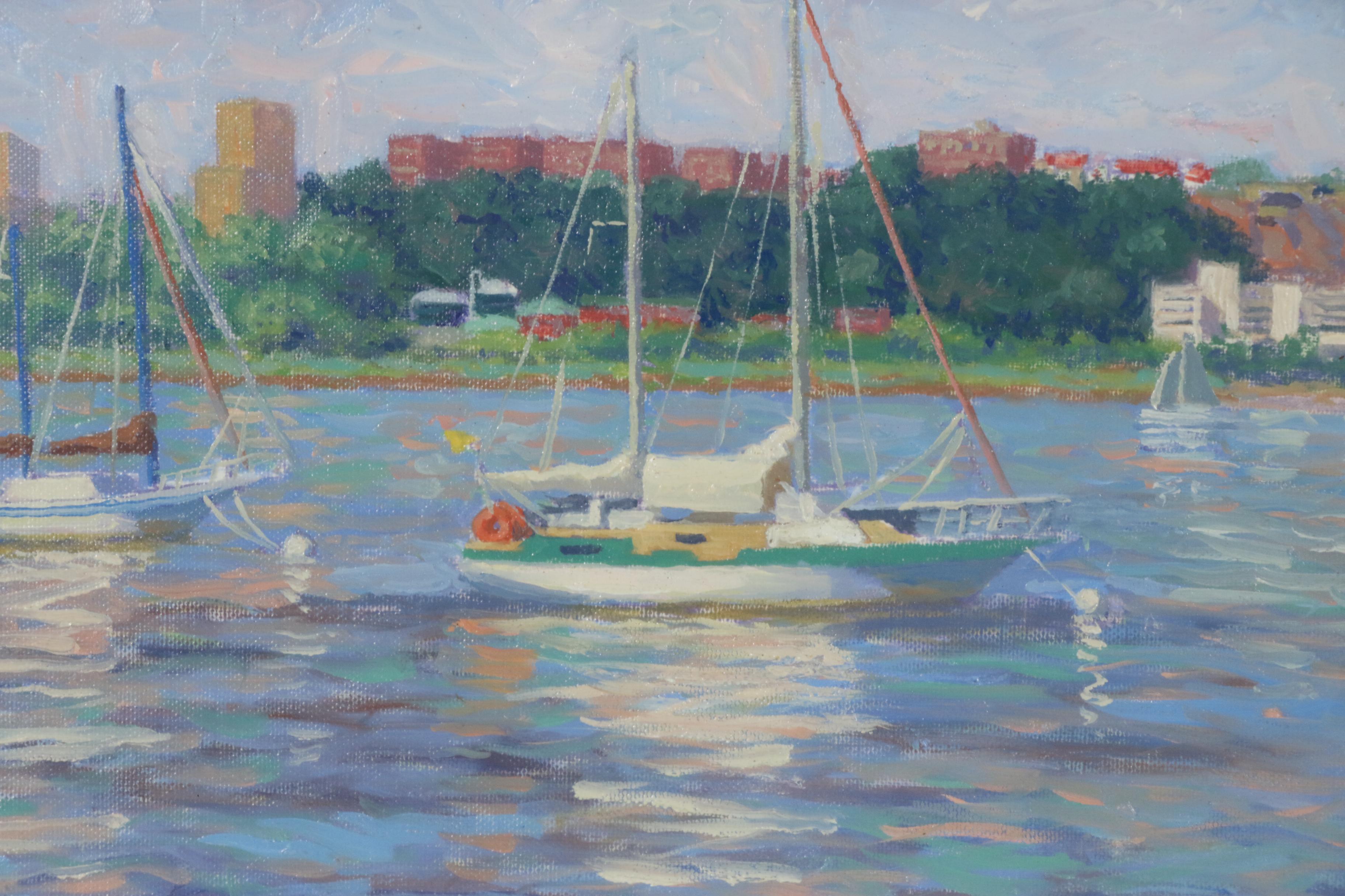 D. Boileau Oil Painting of Sailboats in Harbor