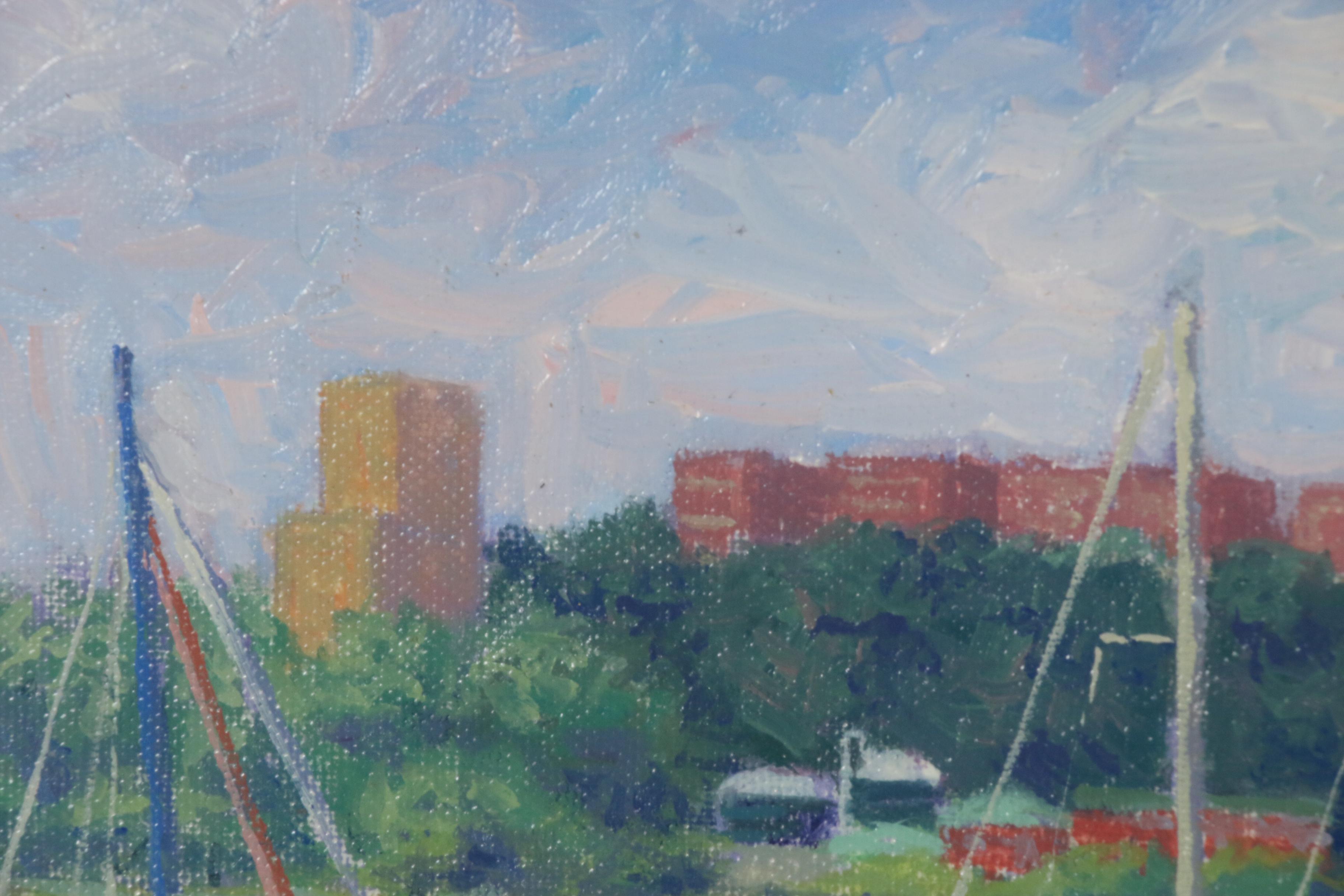 D. Boileau Oil Painting of Sailboats in Harbor