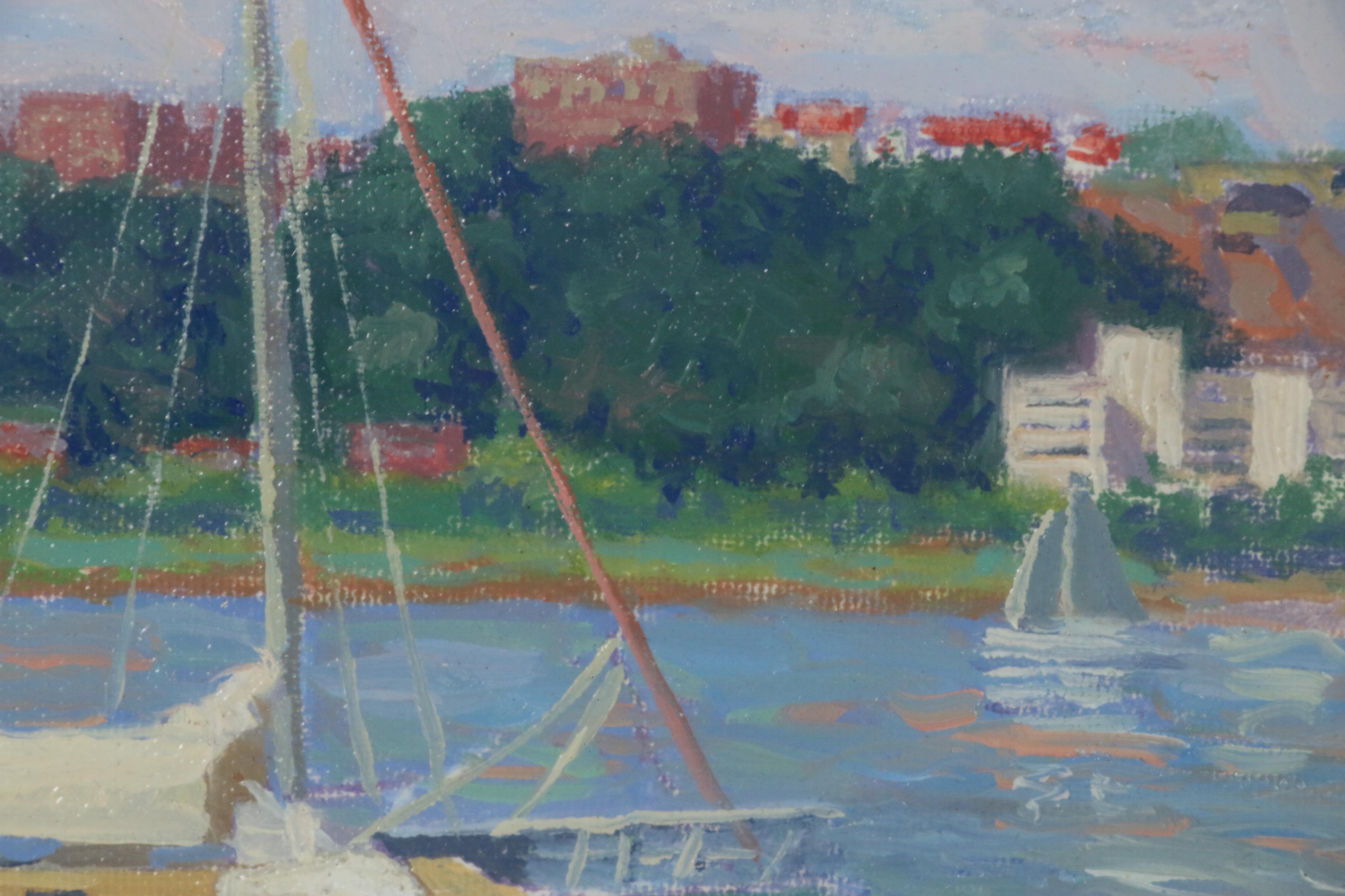 D. Boileau Oil Painting of Sailboats in Harbor