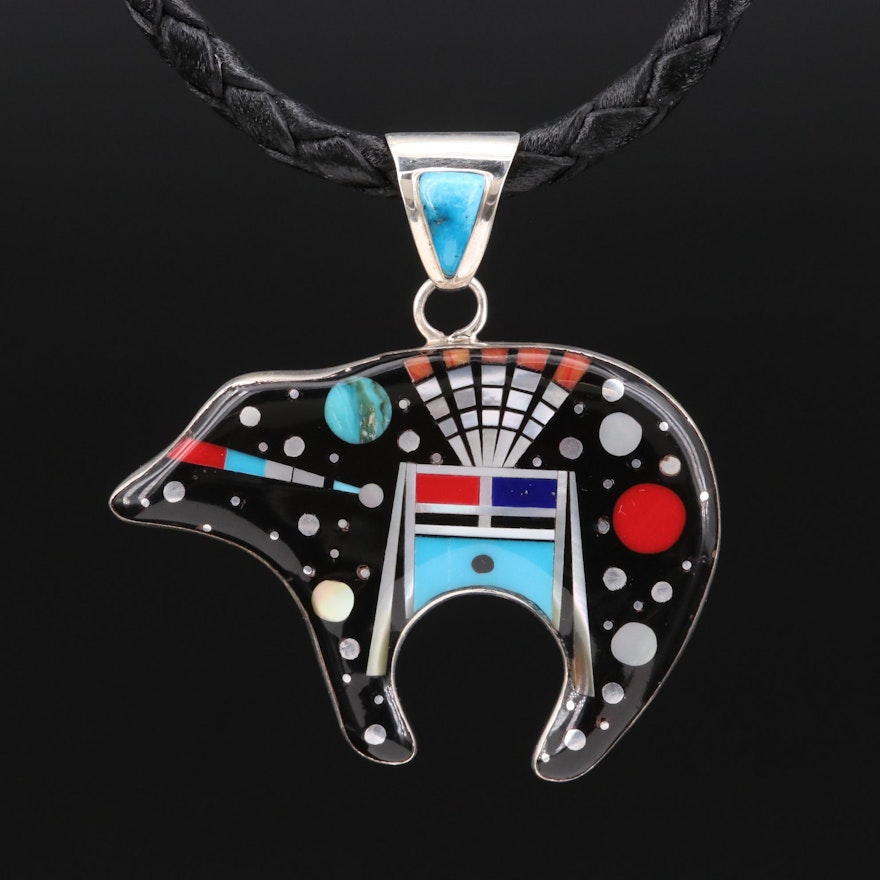 Stella Smiley Navajo Diné Sterling Turquoise and Mother of Pearl Bear Necklace