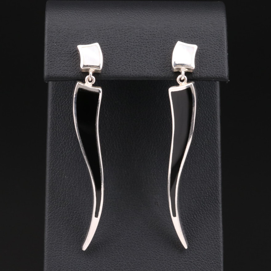 Sterling Silver Mother of Pearl and Black Onyx Dangle Earrings