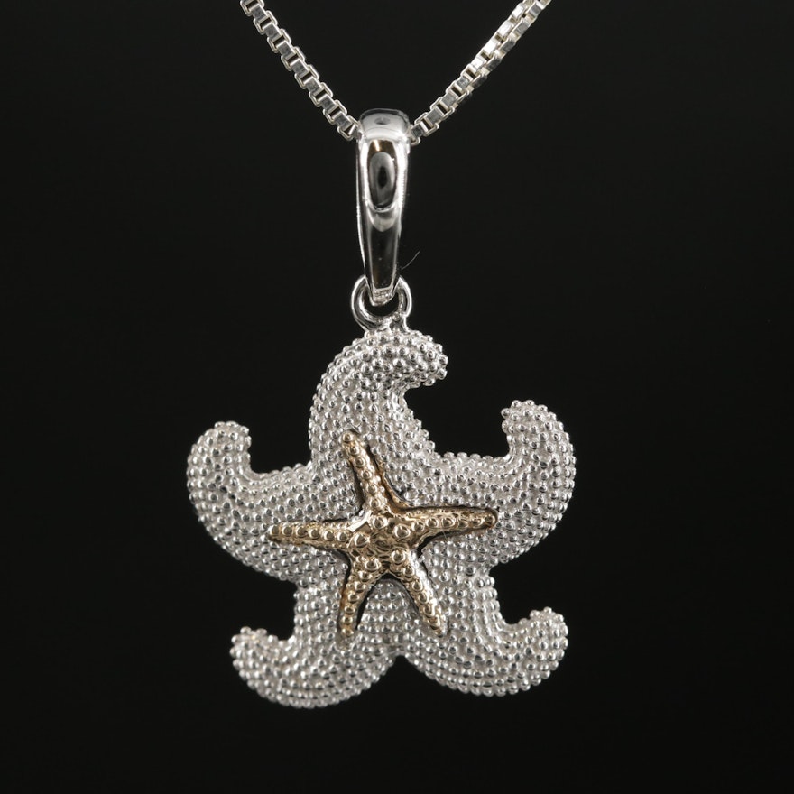 Sterling Silver Starfish Pendant Necklace with 14K Yellow Gold Accent