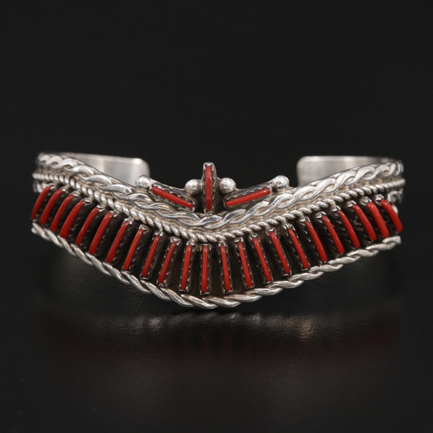Signed Southwestern Style Sterling Imitation Coral Petit Point Cuff
