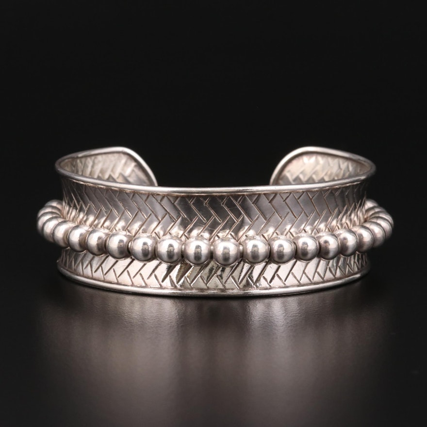 Sterling Silver Beaded and Textured Cuff