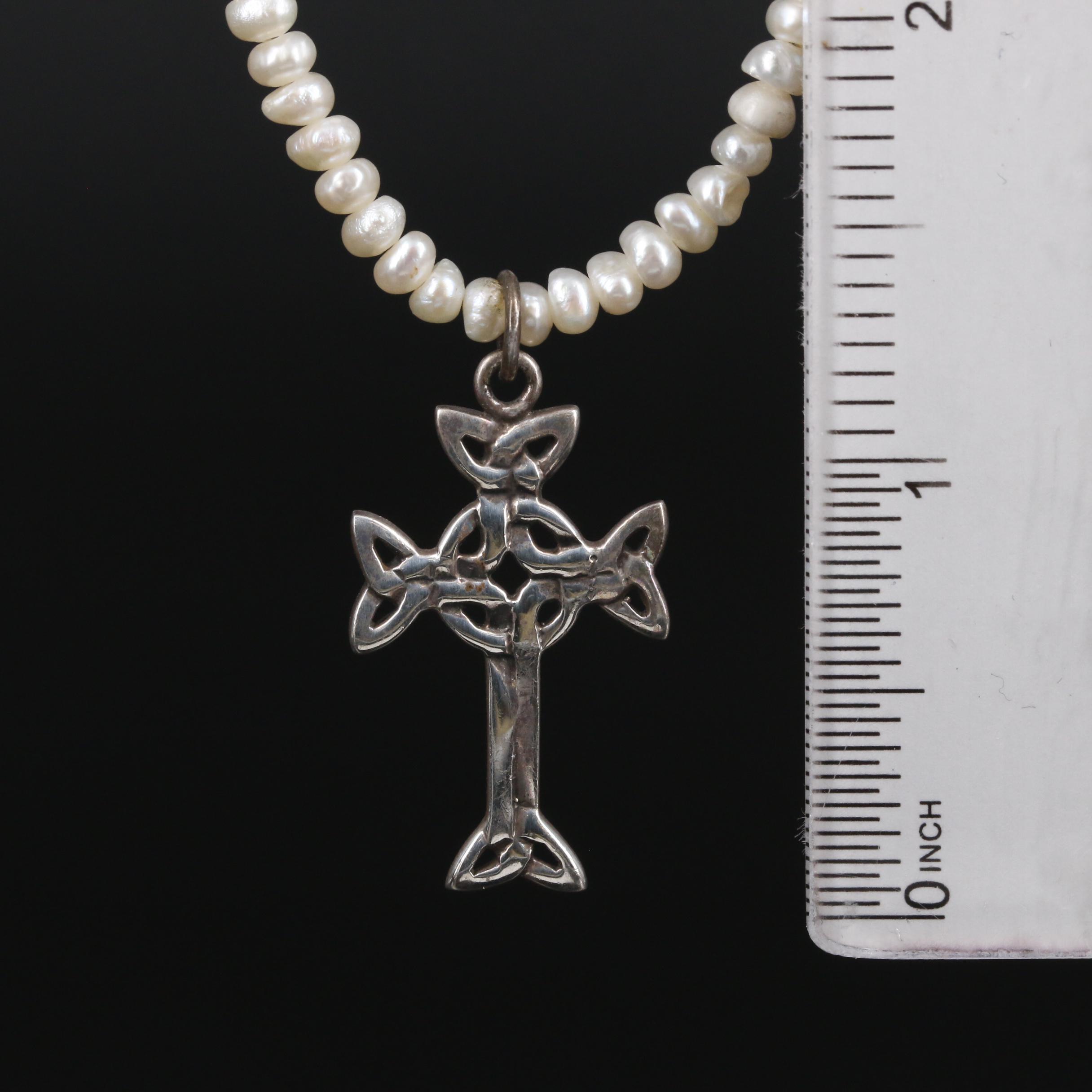 Sterling Silver Pearl and Celtic Cross Pendant Necklace