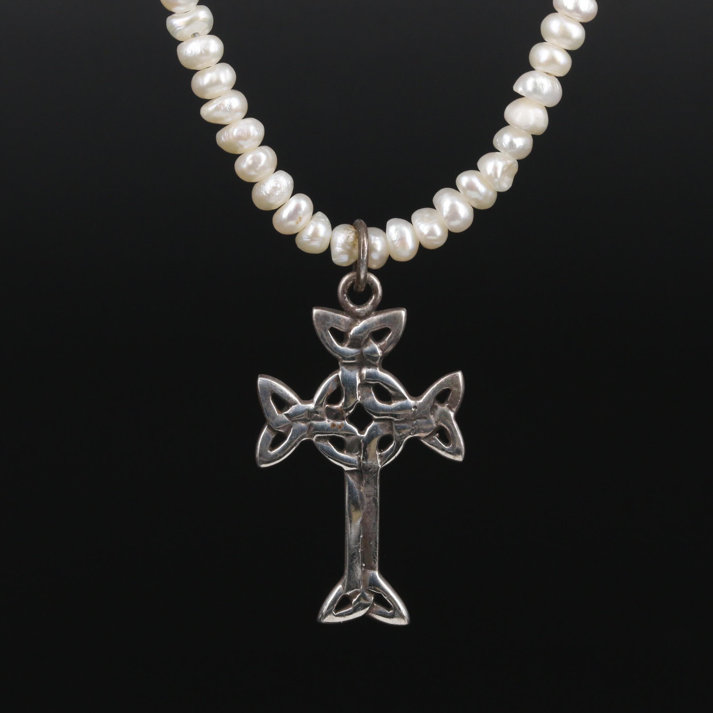 Sterling Silver Pearl and Celtic Cross Pendant Necklace