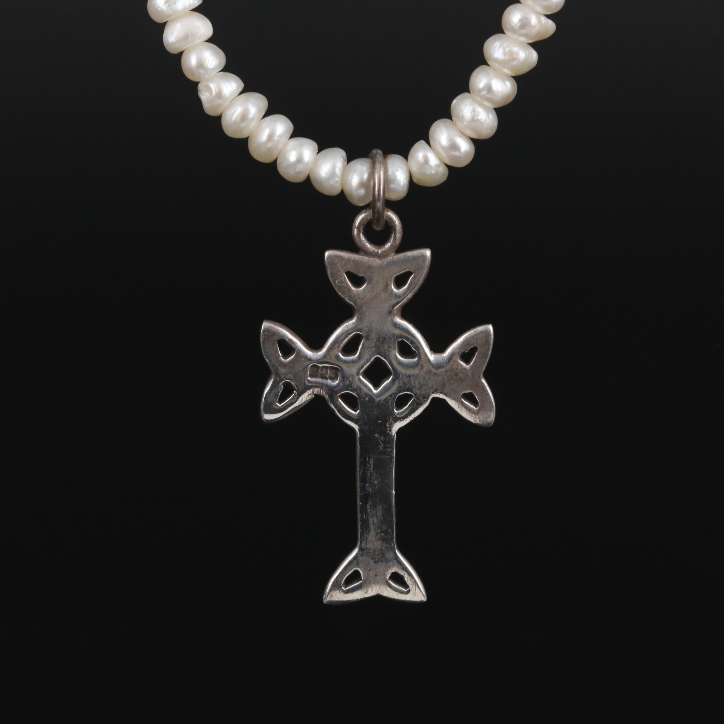 Sterling Silver Pearl and Celtic Cross Pendant Necklace
