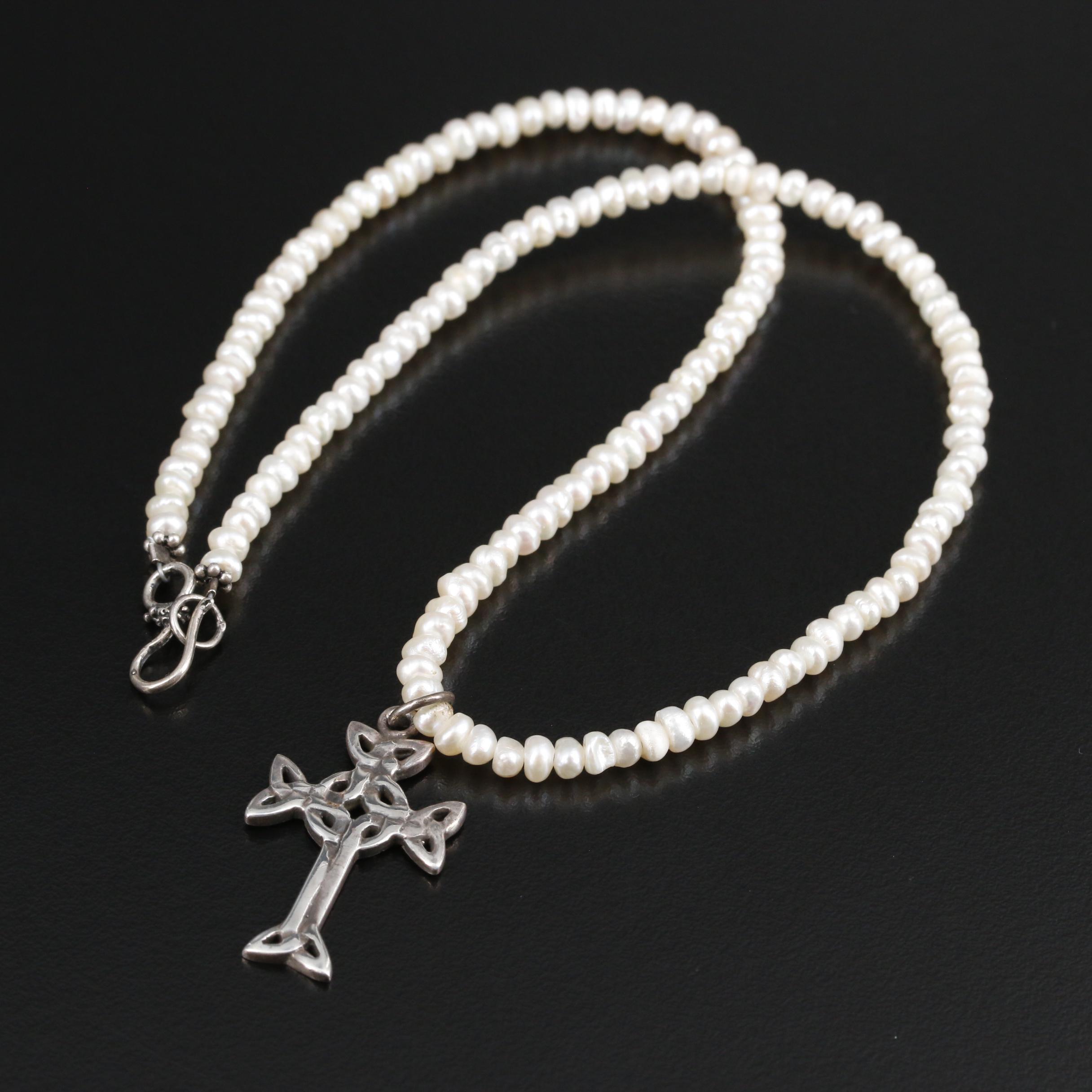 Sterling Silver Pearl and Celtic Cross Pendant Necklace