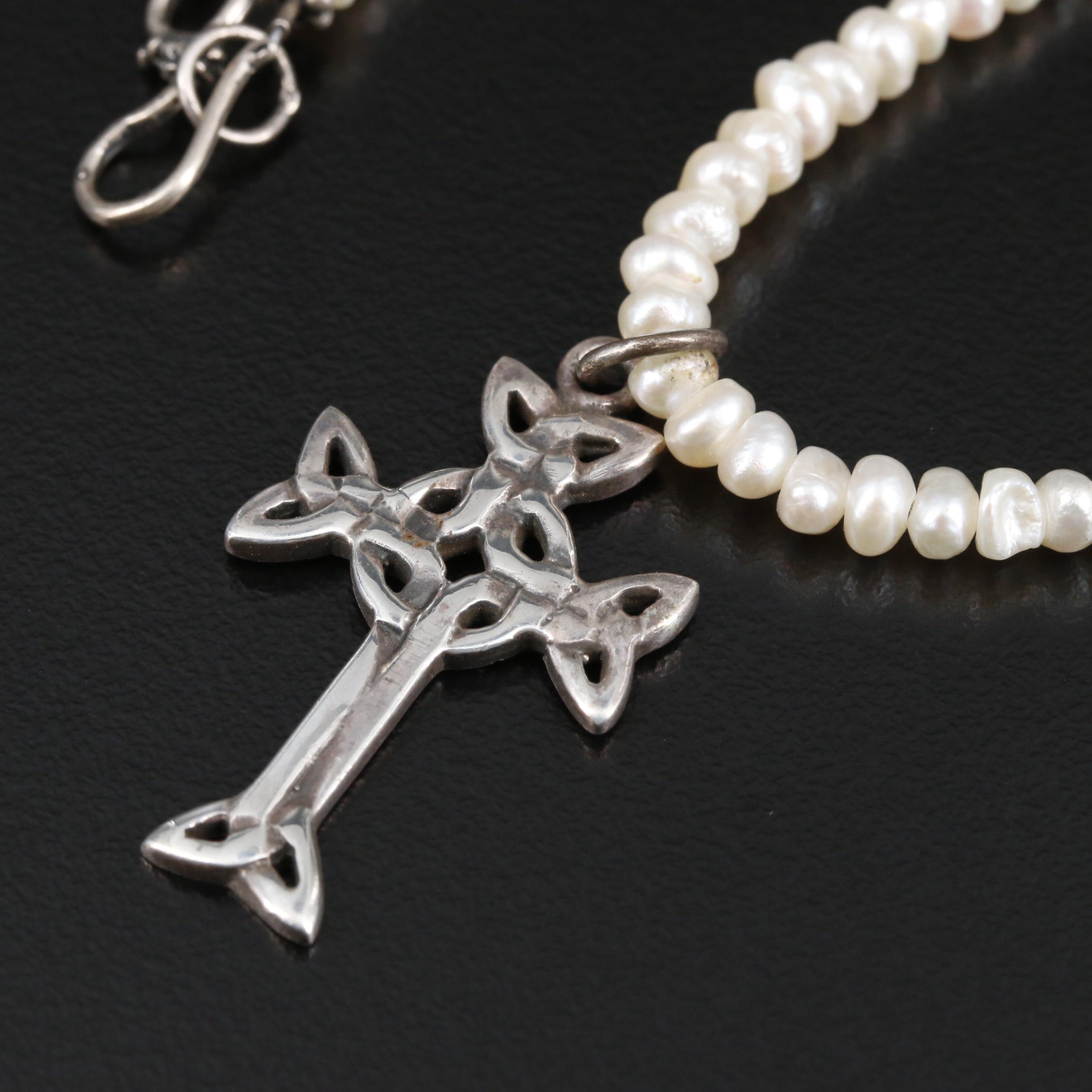 Sterling Silver Pearl and Celtic Cross Pendant Necklace