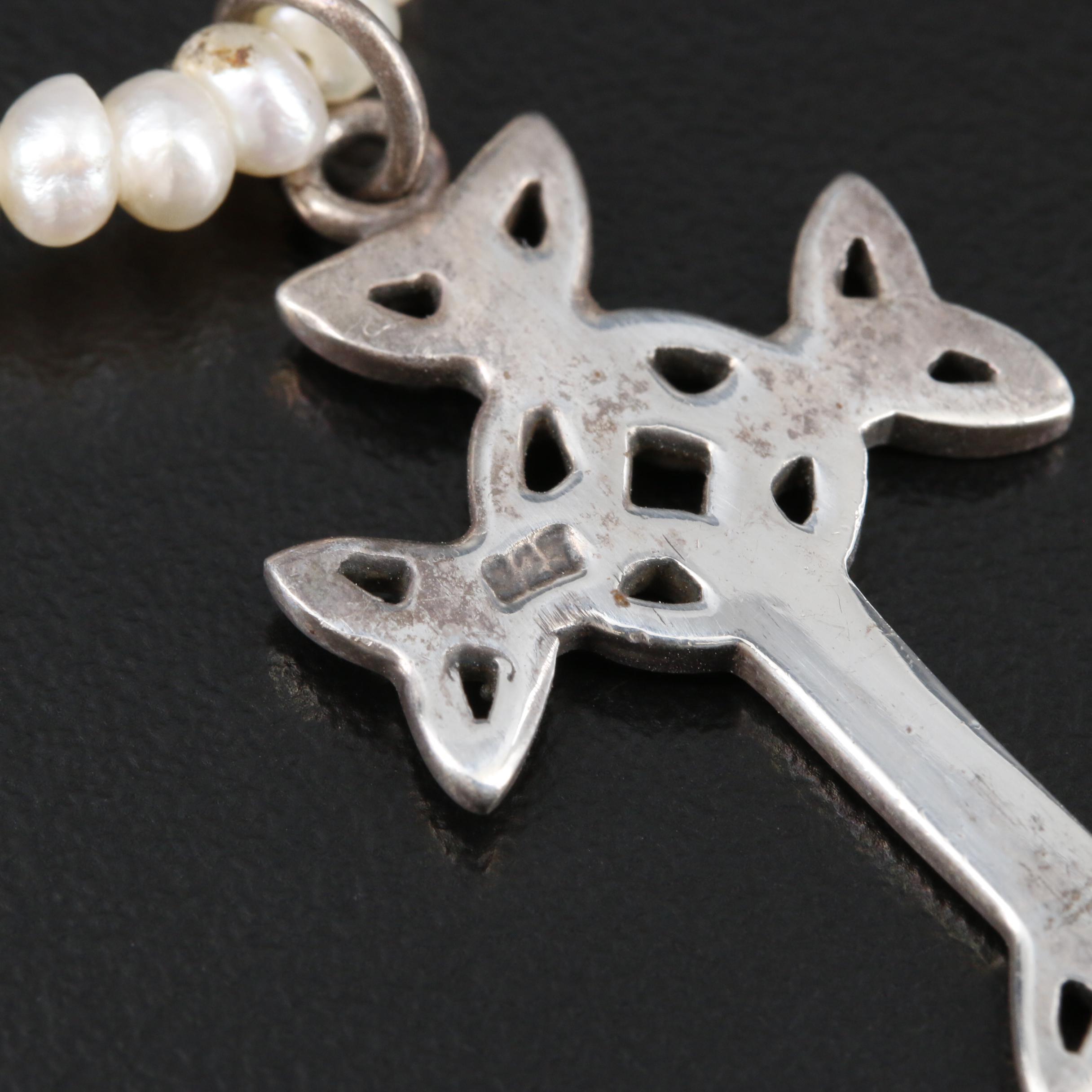 Sterling Silver Pearl and Celtic Cross Pendant Necklace