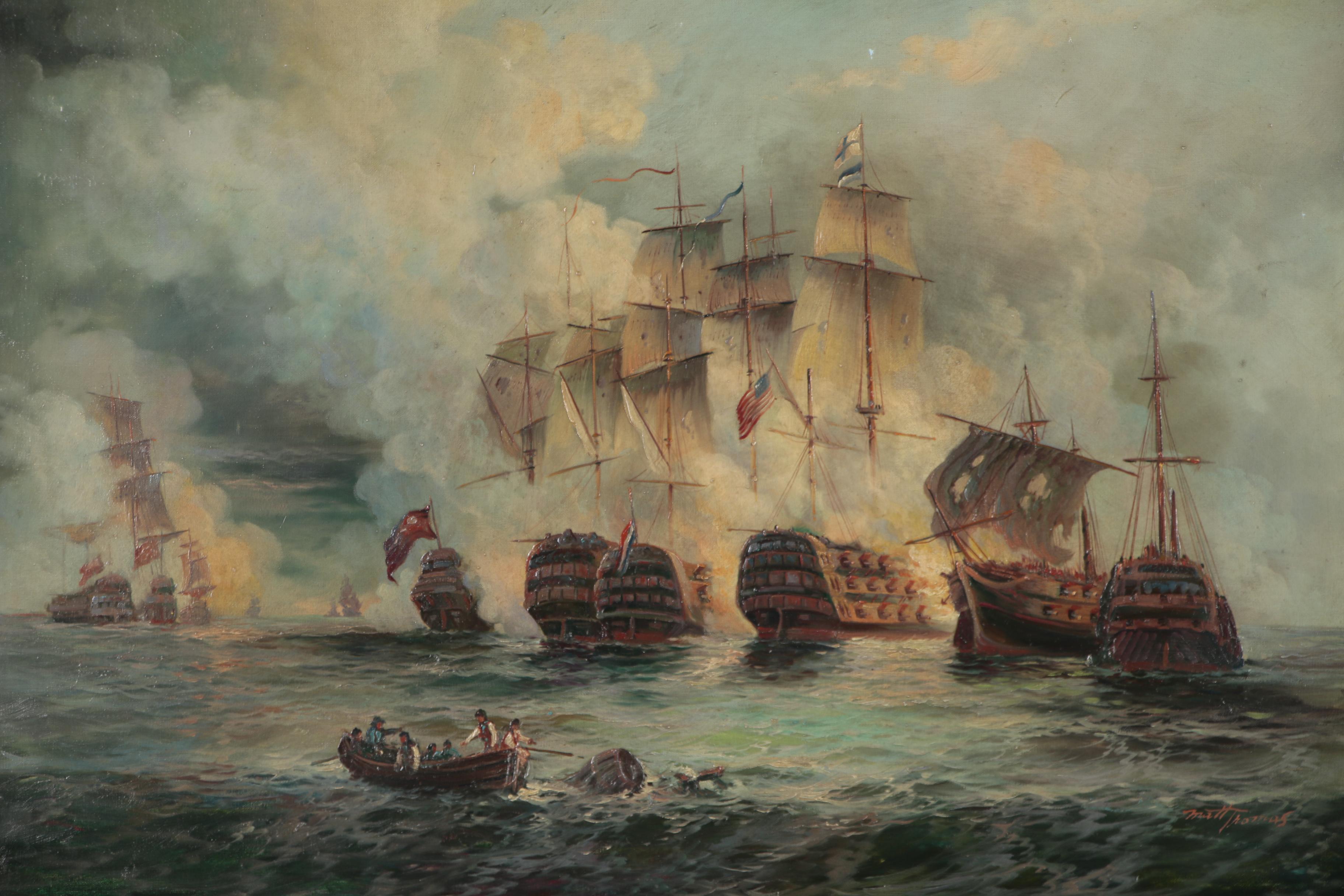 Matt Thomas Maritime Oil Painting of a Naval Battle, Late 20th Century