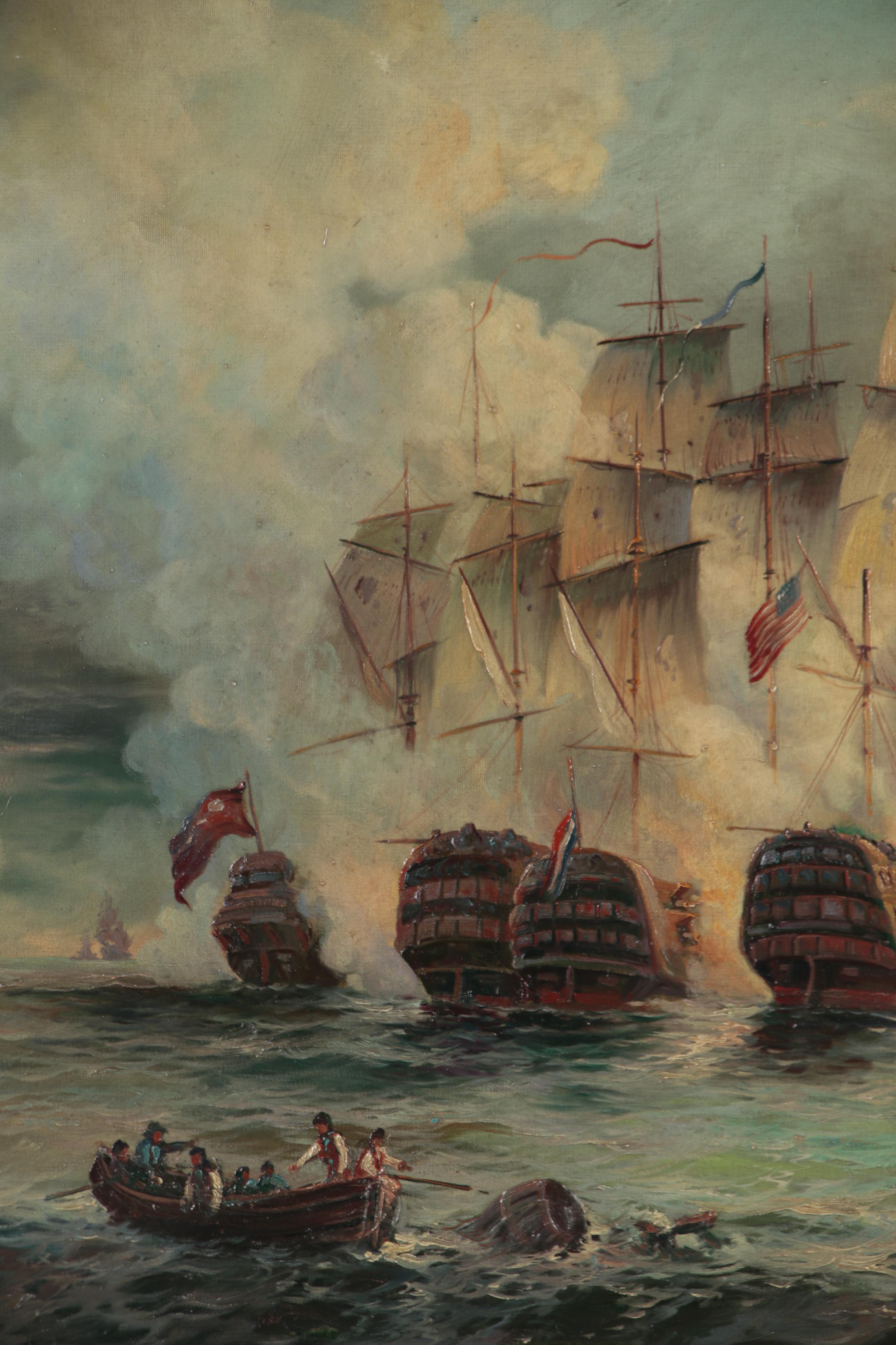 Matt Thomas Maritime Oil Painting of a Naval Battle, Late 20th Century