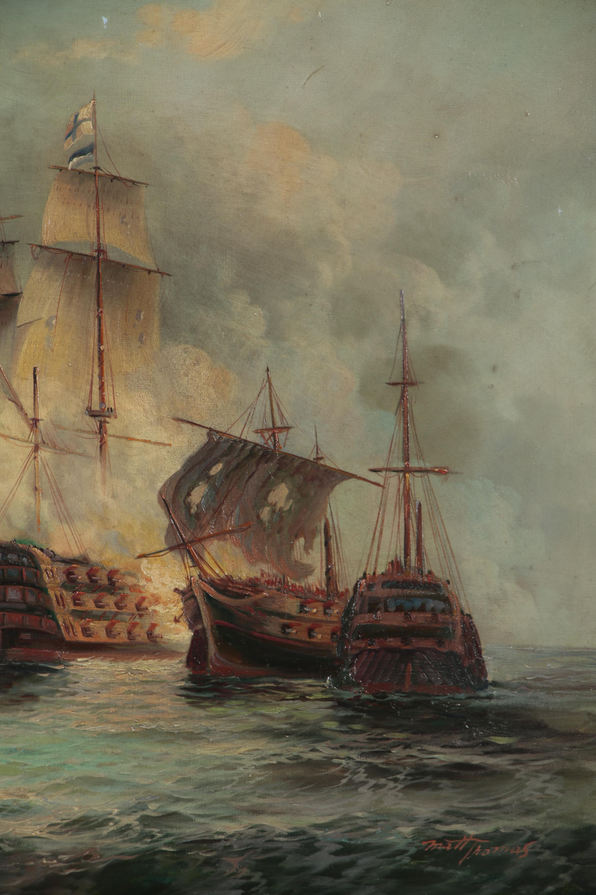 Matt Thomas Maritime Oil Painting of a Naval Battle, Late 20th Century