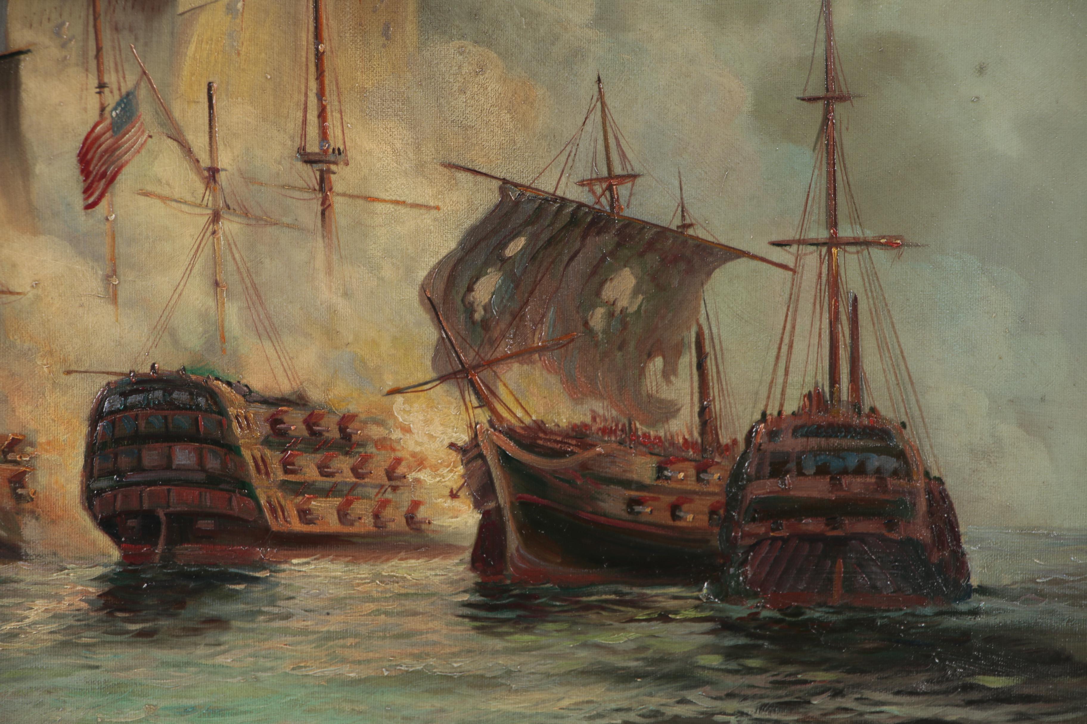Matt Thomas Maritime Oil Painting of a Naval Battle, Late 20th Century