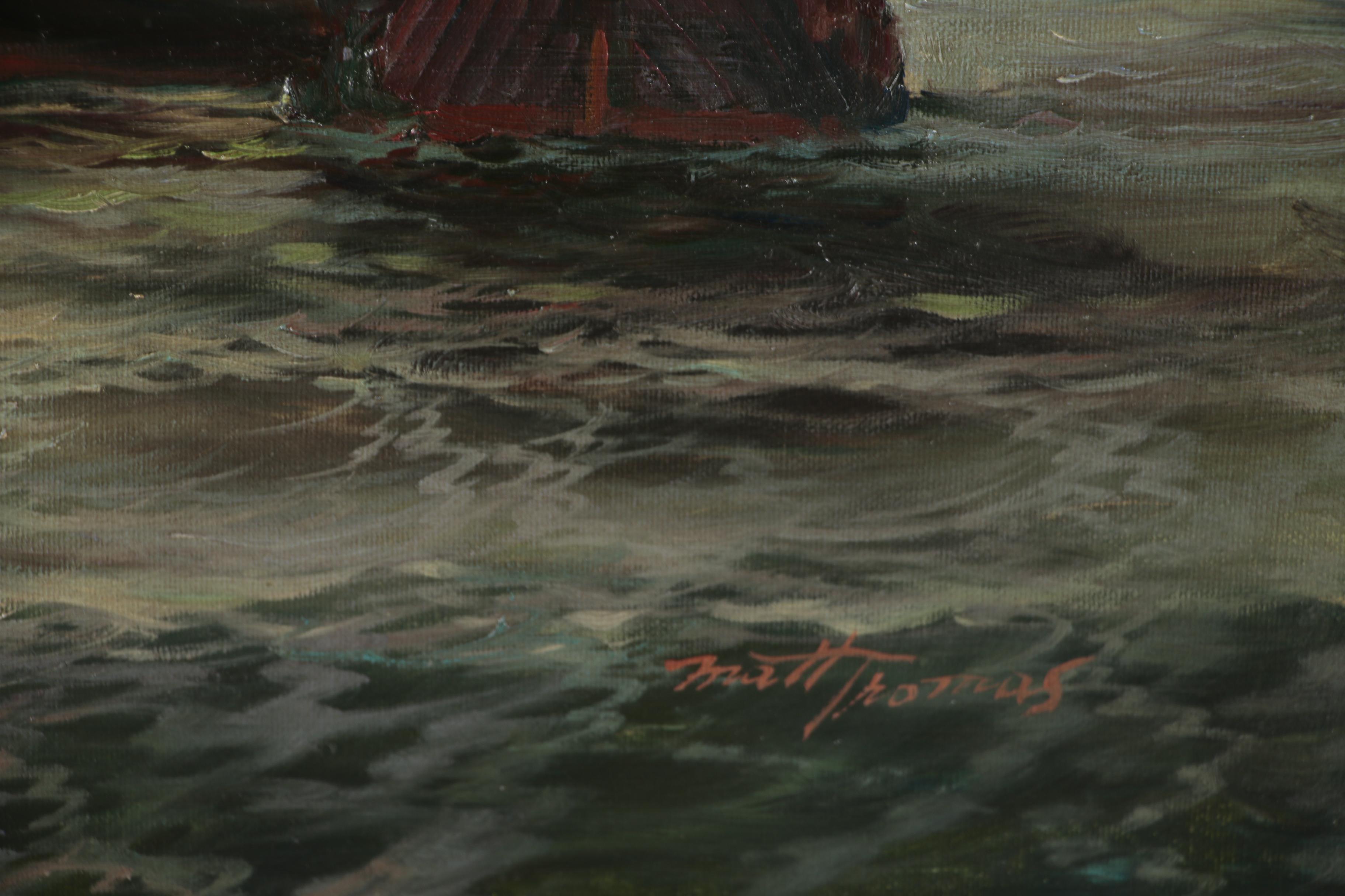 Matt Thomas Maritime Oil Painting of a Naval Battle, Late 20th Century