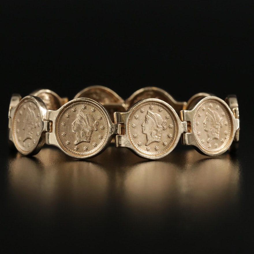 14K Yellow Gold Bracelet with Replica 1853 $1 Liberty Gold Coins