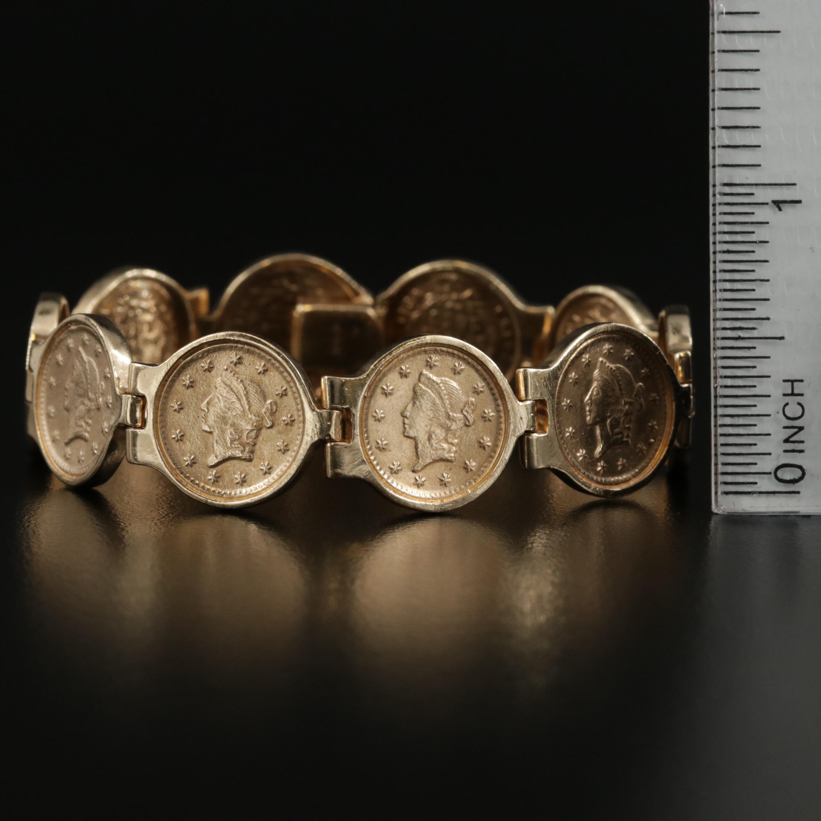 14K Yellow Gold Bracelet with Replica 1853 $1 Liberty Gold Coins